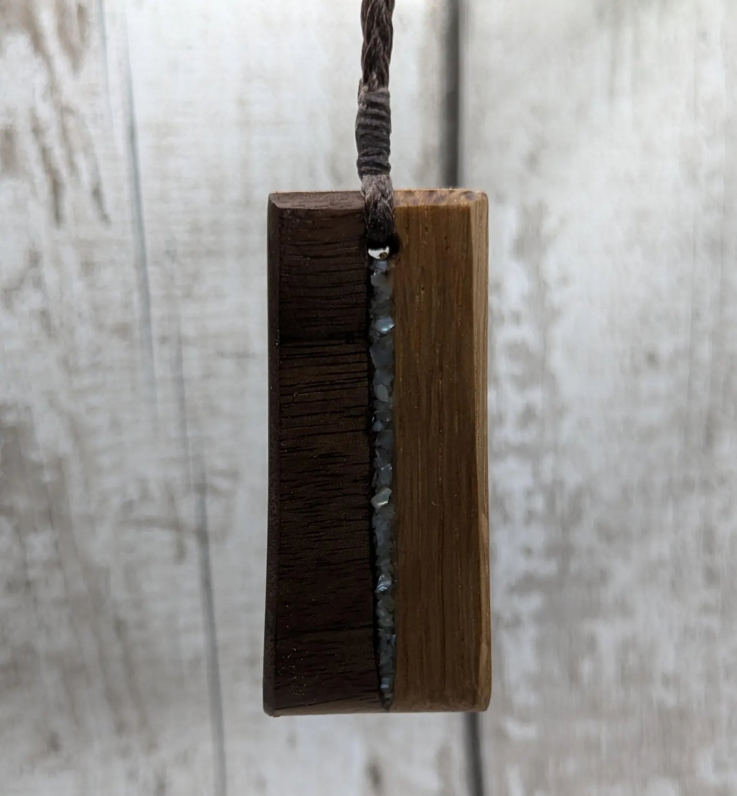 Walnut and whiskey barrel oak wood Toki style pendant with freshwater Pearl.