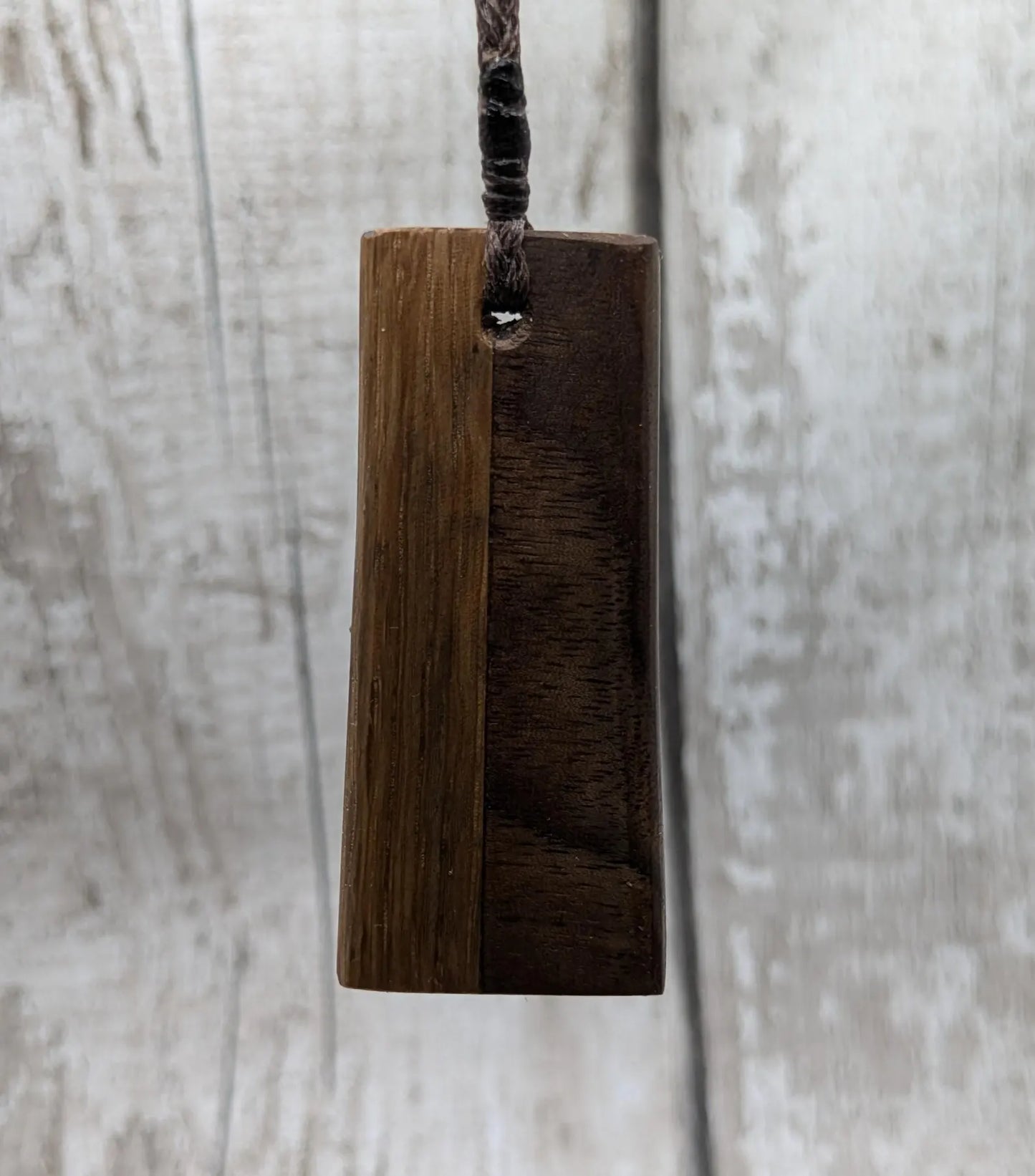 Walnut and whiskey barrel oak wood Toki style pendant with freshwater Pearl.