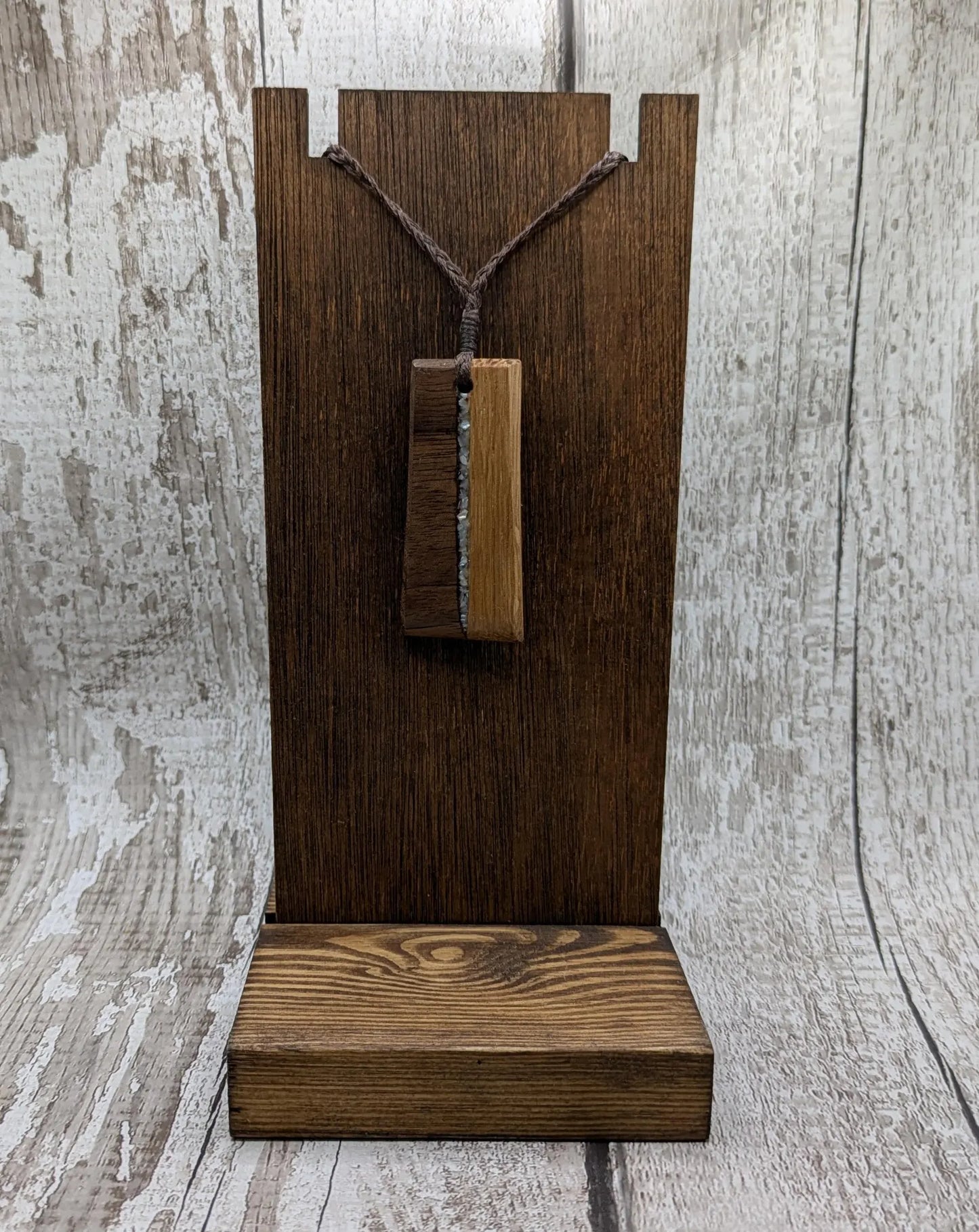 Walnut and whiskey barrel oak wood Toki style pendant with freshwater Pearl.