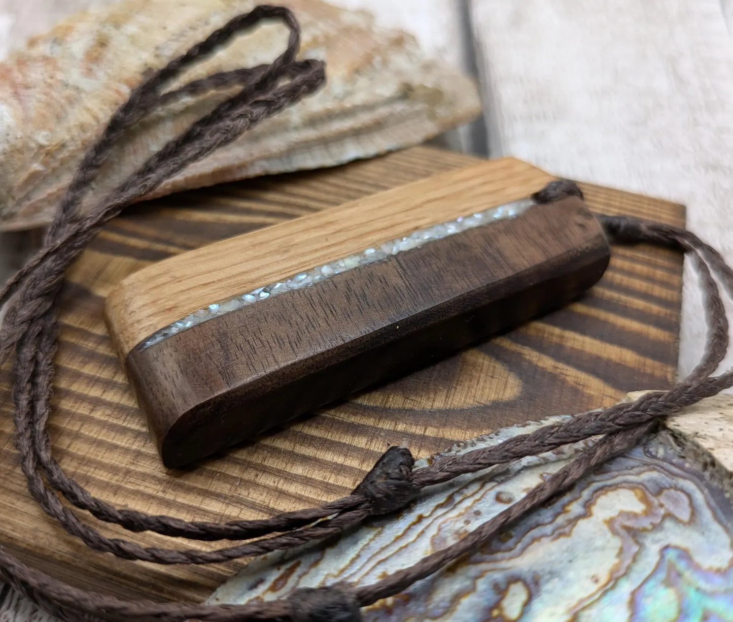 Walnut wood and whiskey barrel oak Toki style pendant with freshwater Pearl.