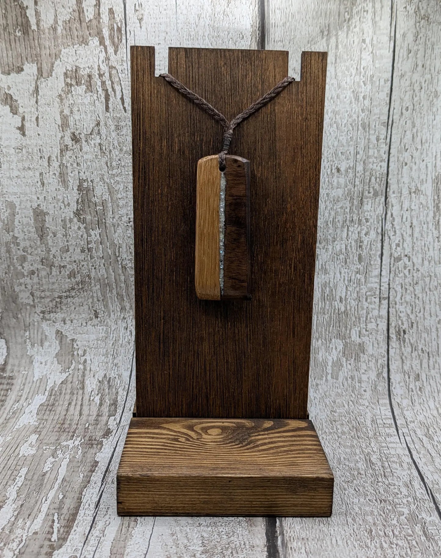 Walnut wood and whiskey barrel oak Toki style pendant with freshwater Pearl.