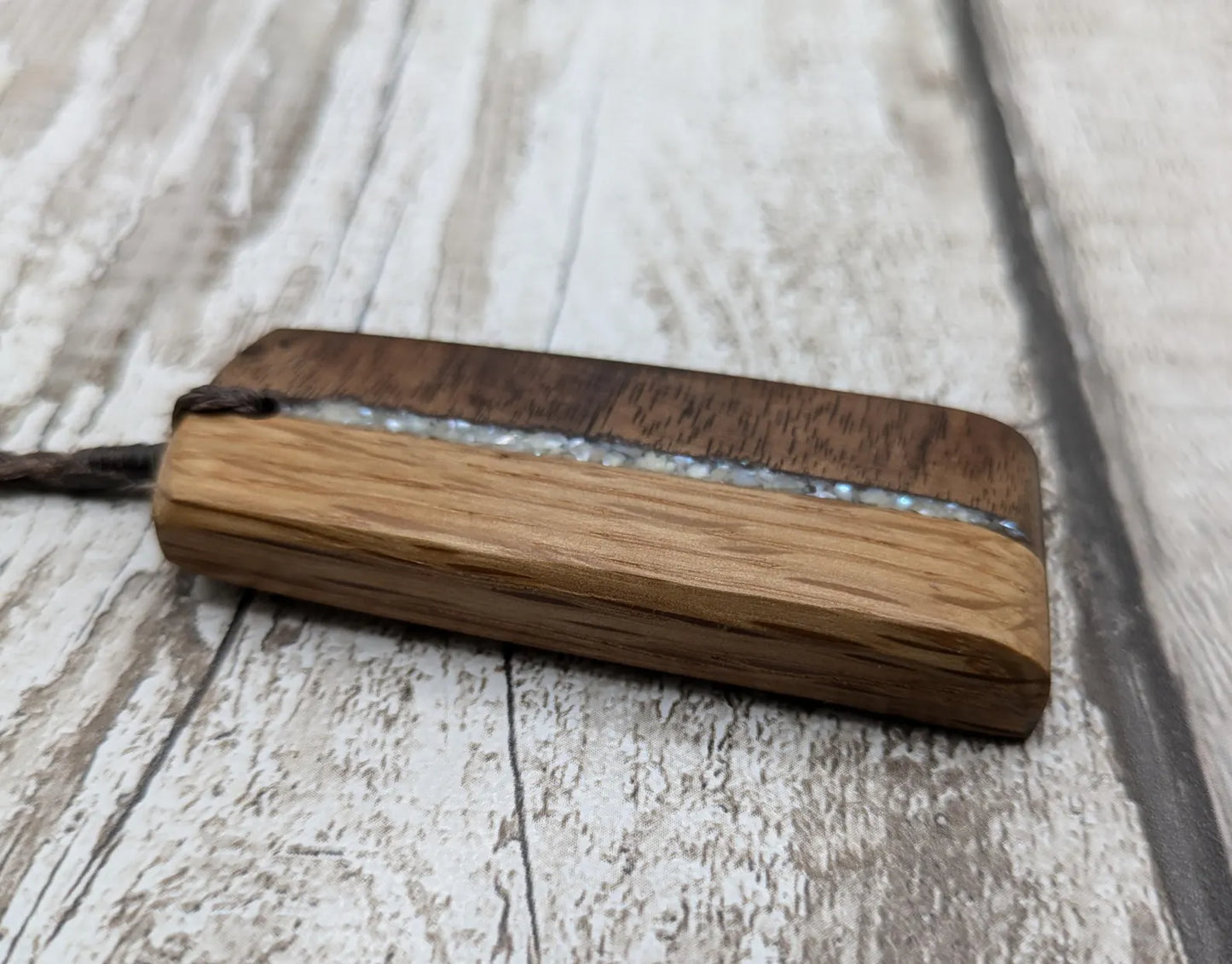 Walnut wood and whiskey barrel oak Toki style pendant with freshwater Pearl.