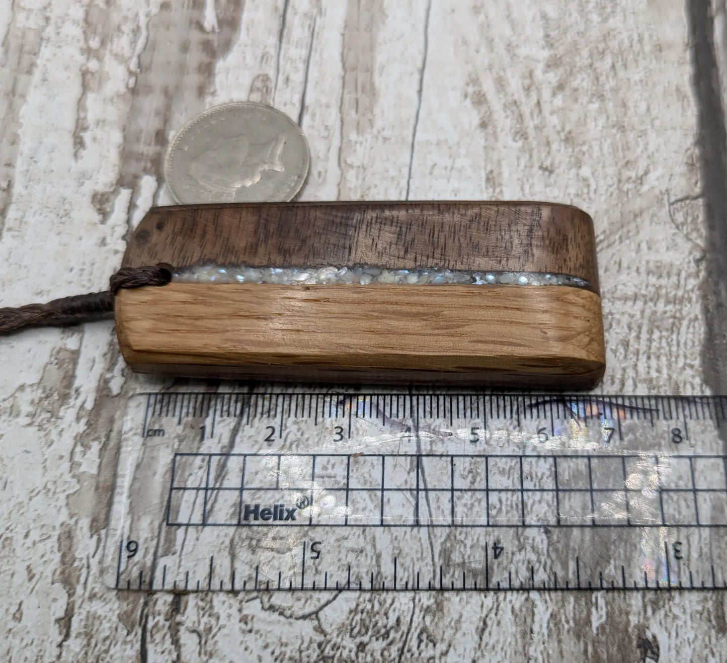 Walnut wood and whiskey barrel oak Toki style pendant with freshwater Pearl.