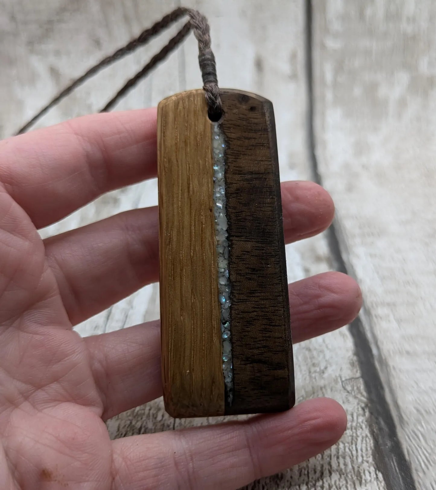 Walnut wood and whiskey barrel oak Toki style pendant with freshwater Pearl.