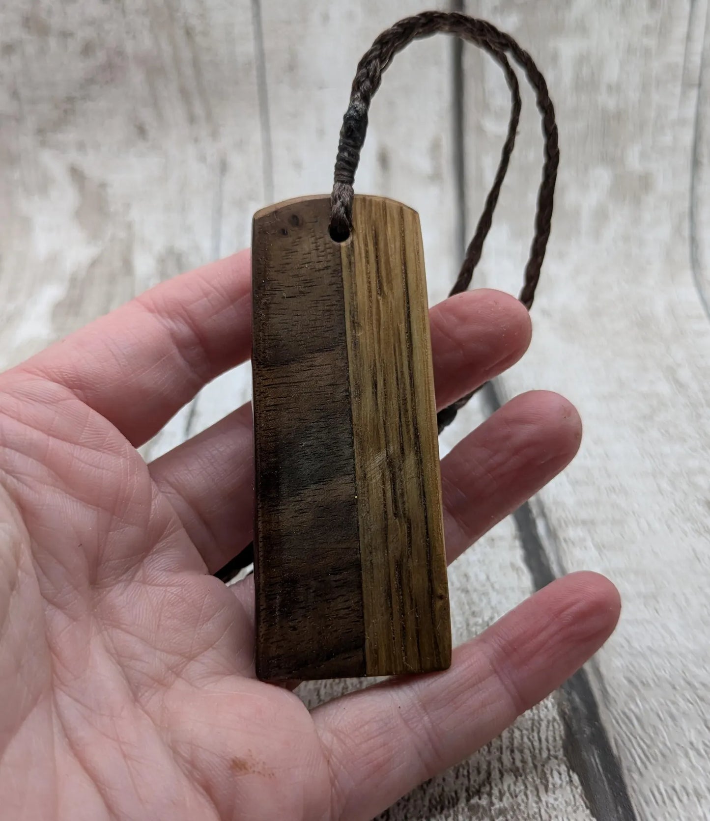 Walnut wood and whiskey barrel oak Toki style pendant with freshwater Pearl.