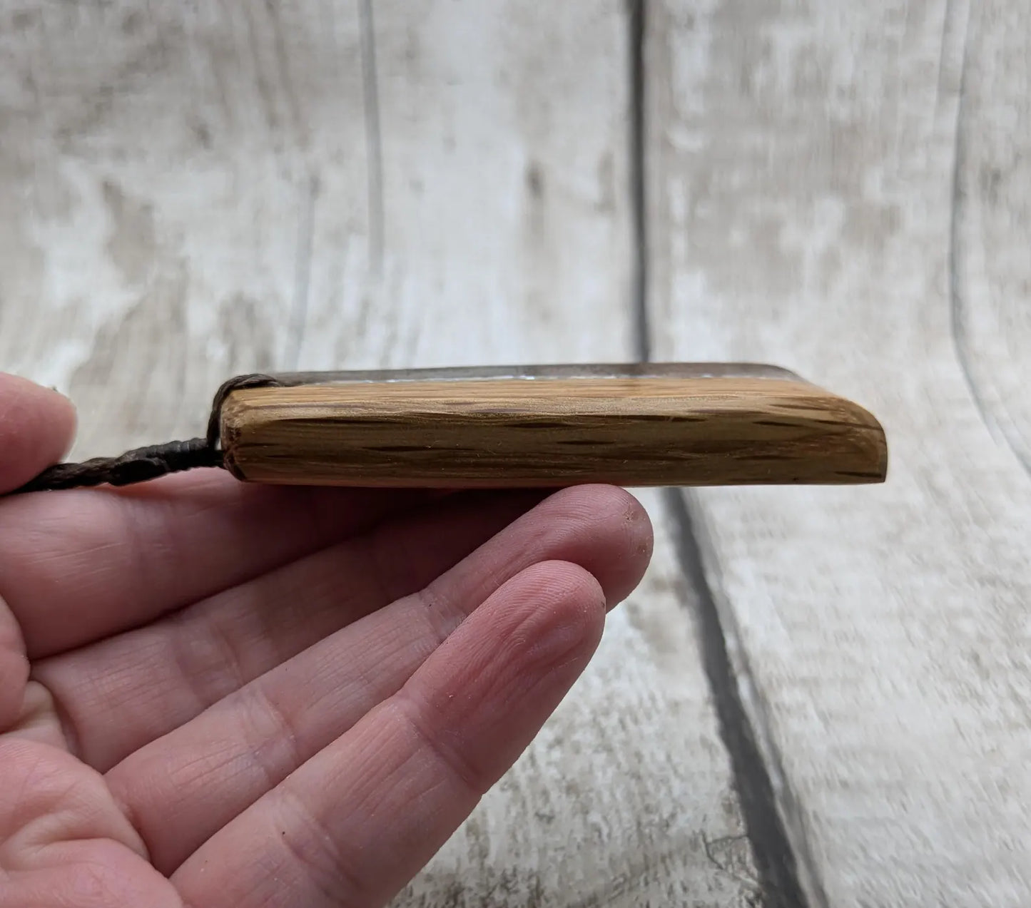 Walnut wood and whiskey barrel oak Toki style pendant with freshwater Pearl.