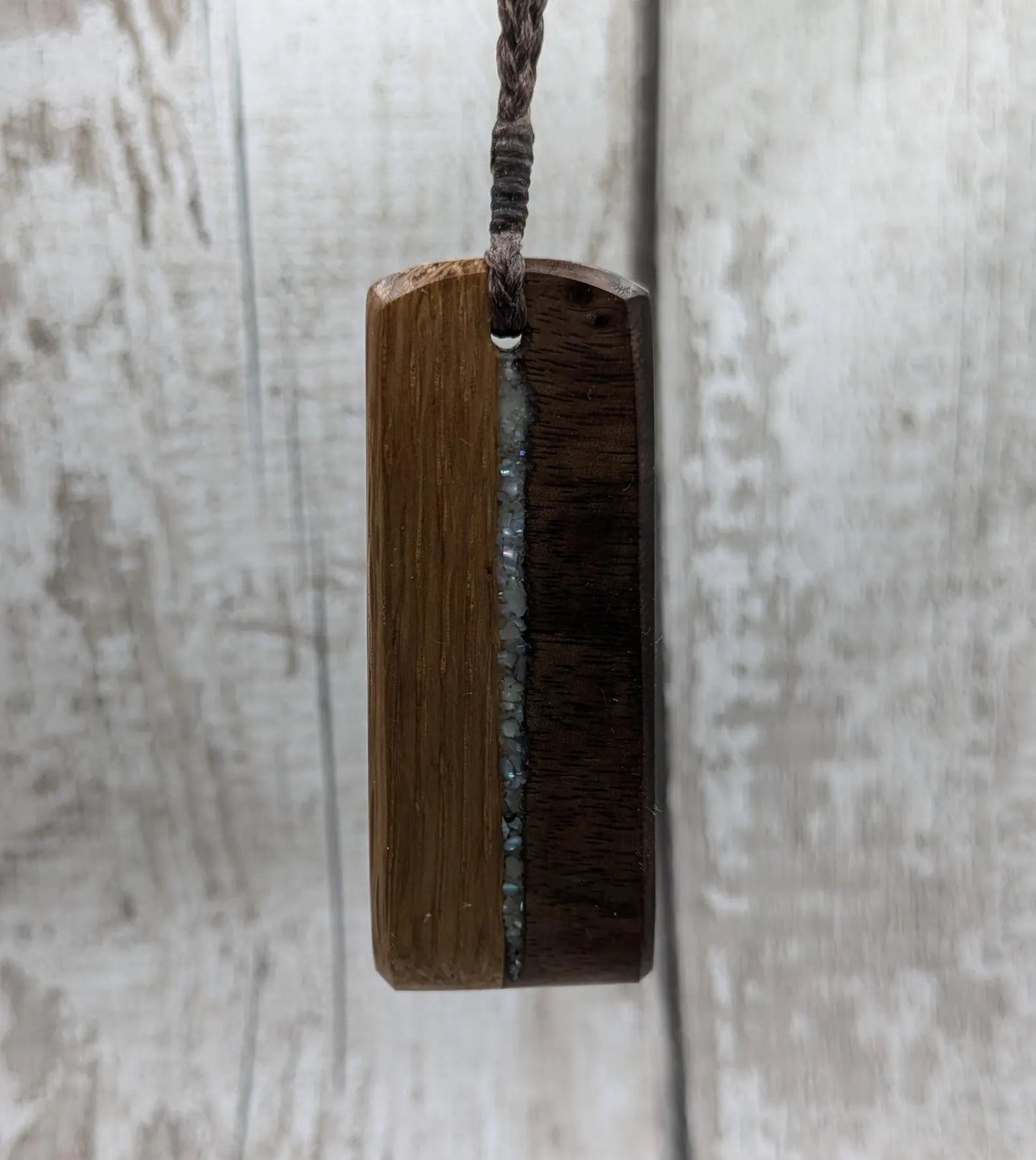 Walnut wood and whiskey barrel oak Toki style pendant with freshwater Pearl.