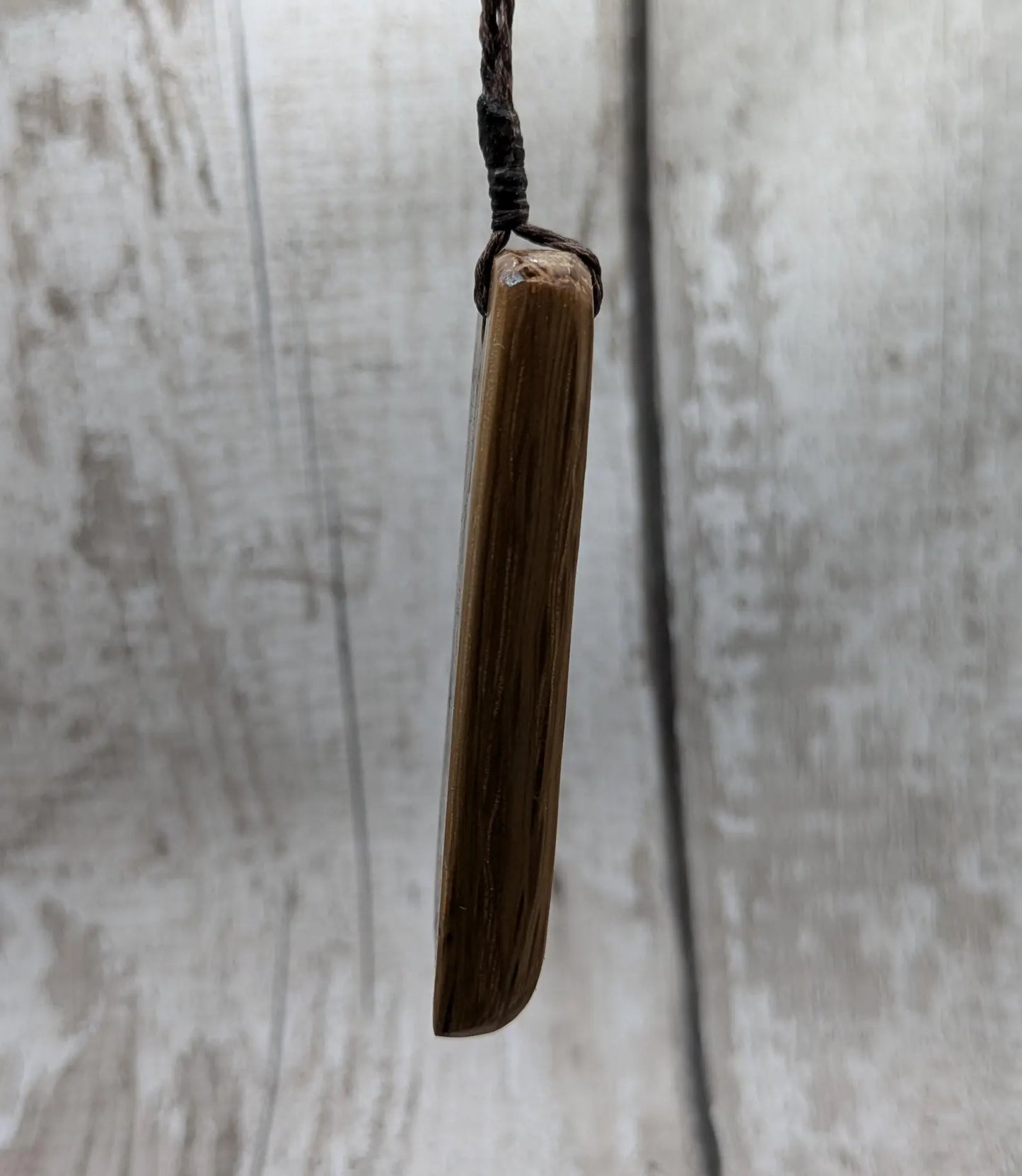 Walnut wood and whiskey barrel oak Toki style pendant with freshwater Pearl.