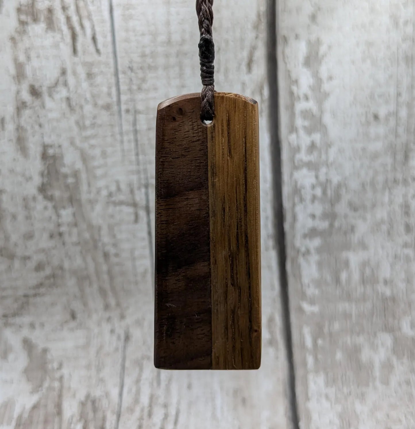 Walnut wood and whiskey barrel oak Toki style pendant with freshwater Pearl.