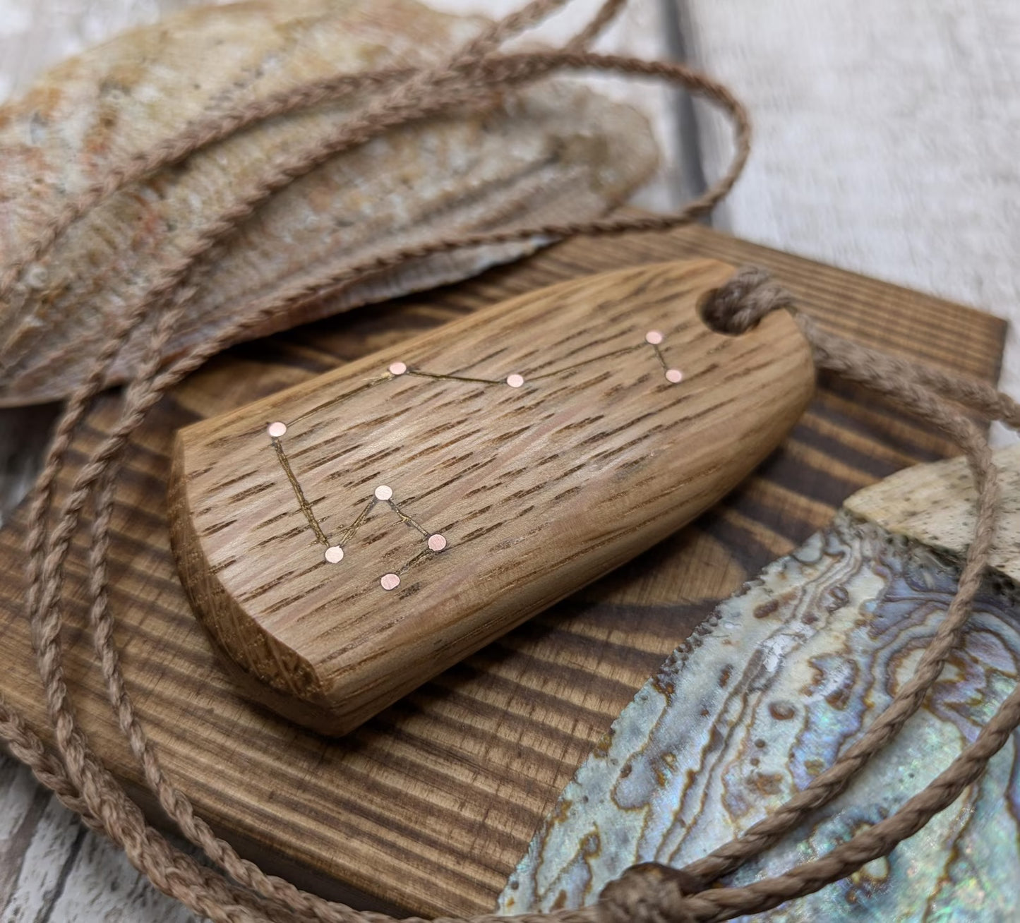 Whiskey barrel oak wood pendant Pleiades star constellation.