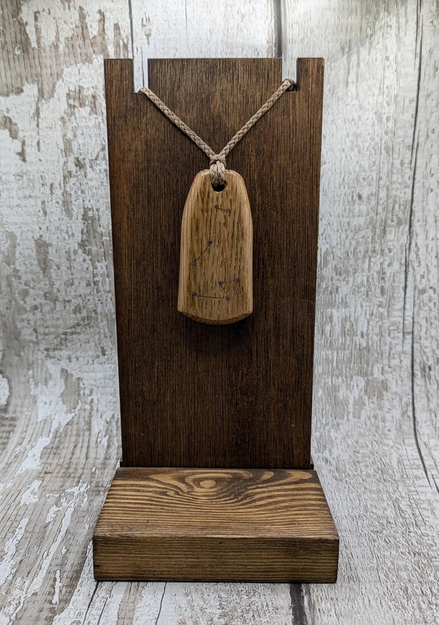 Whiskey barrel oak wood pendant Pleiades star constellation.