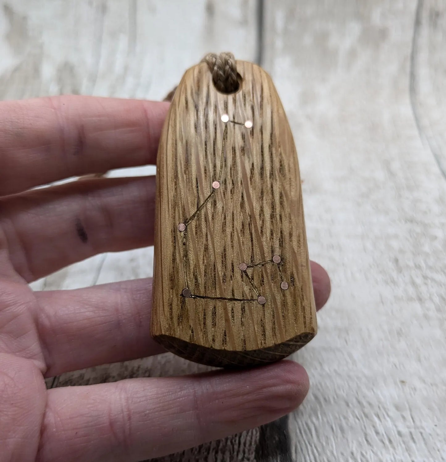 Whiskey barrel oak wood pendant Pleiades star constellation.