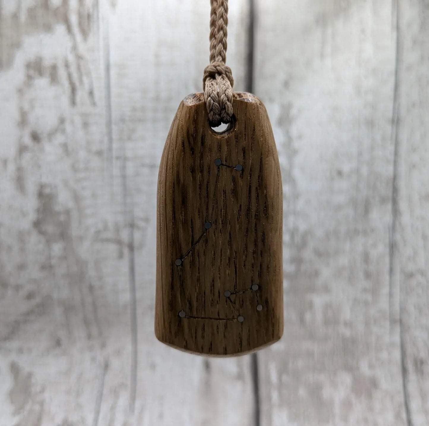 Whiskey barrel oak wood pendant Pleiades star constellation.
