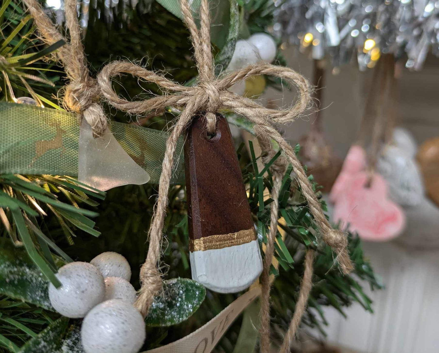 2 pack Walnut wood tear drop hanging Christmas decoration. Made to order.