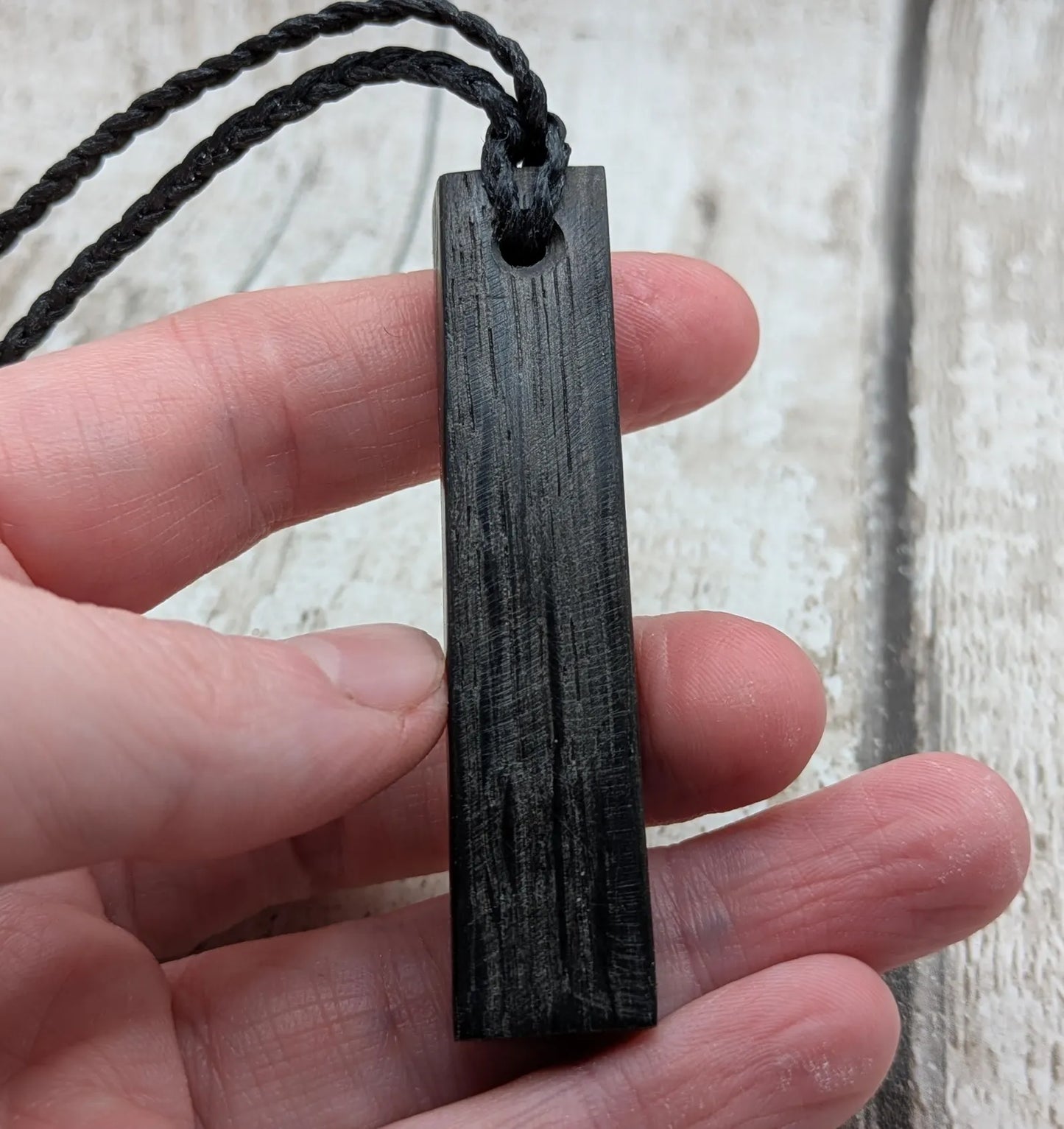 Fenland bog oak rectangular pendant - with preseli BluestonedAncient British Wood Necklace, Nature Jewellery.