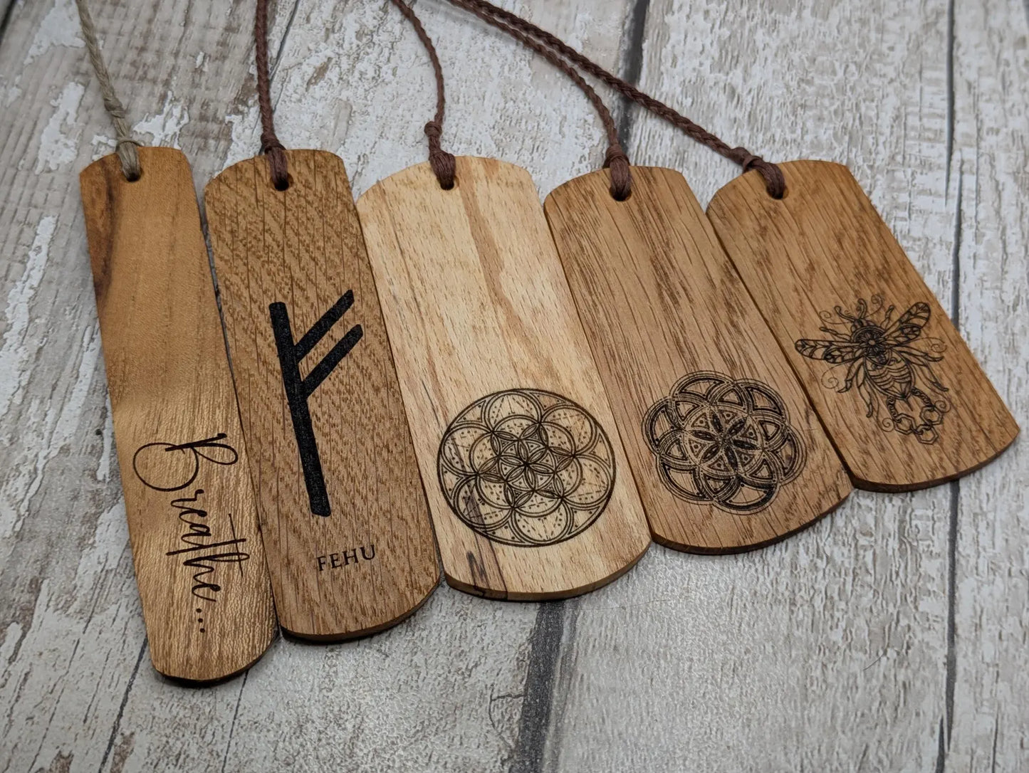 Spalted beech wood handmade fehu rune bookmark.