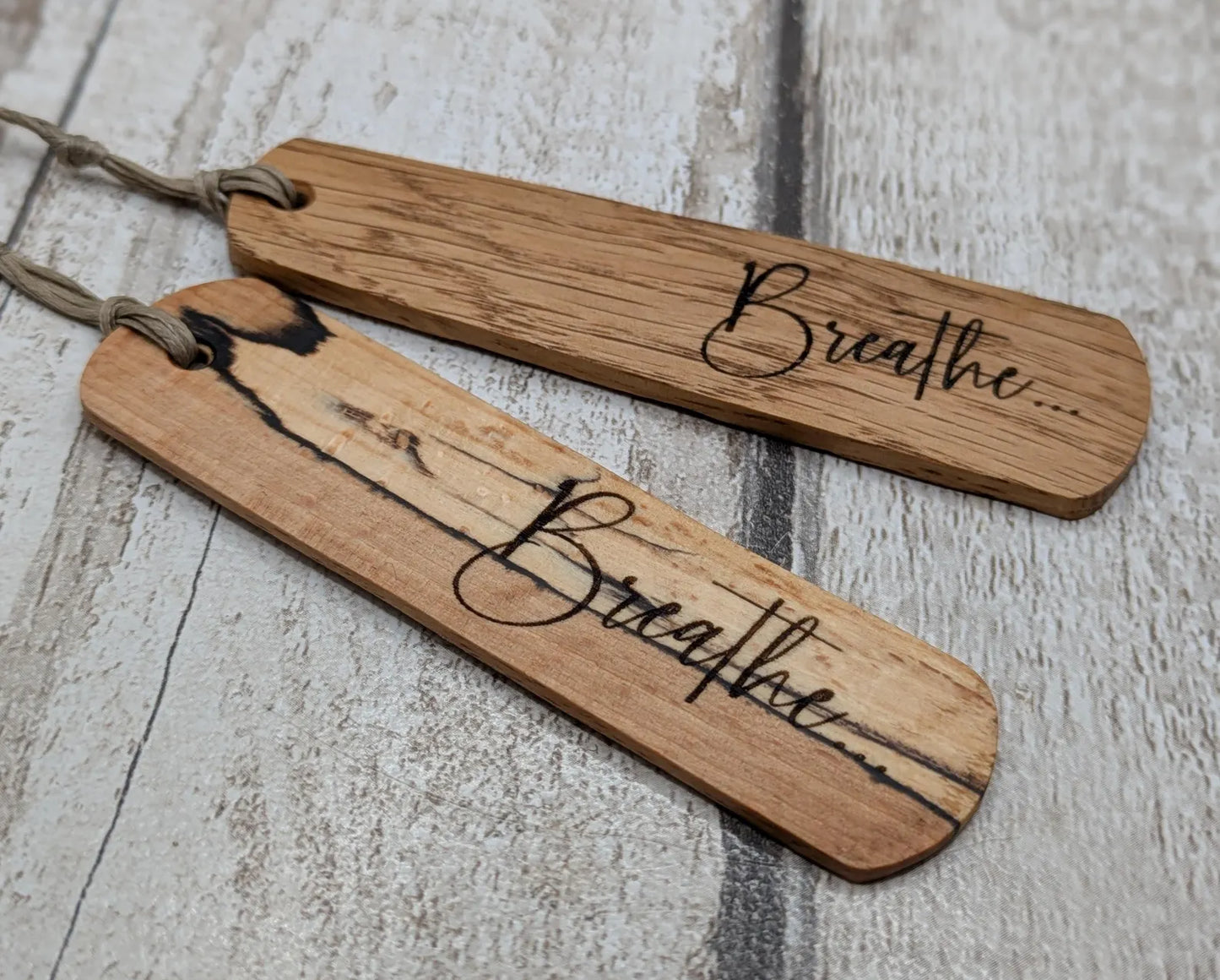 Breathe wood carved and laser printed bookmark.