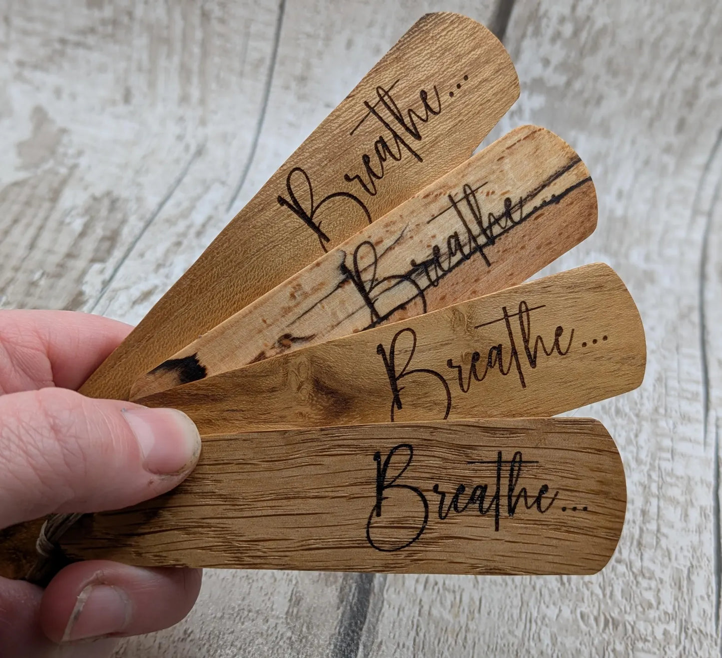 Handmade Alder wood book mark with laser printed breathe mantra.