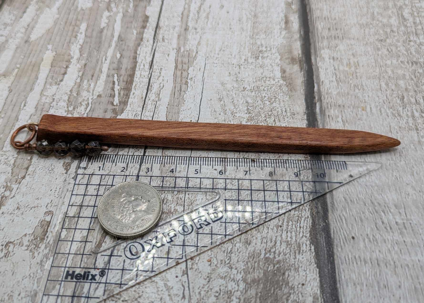 Sapele mahogany hair pin with Smokey quartz charm.