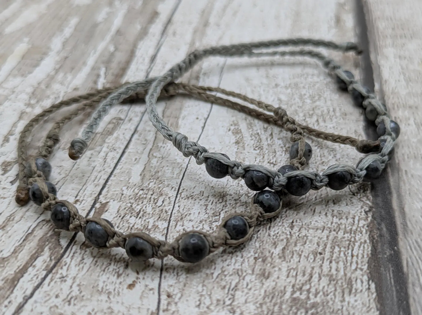 Larvikite beaded macramé bracelet.