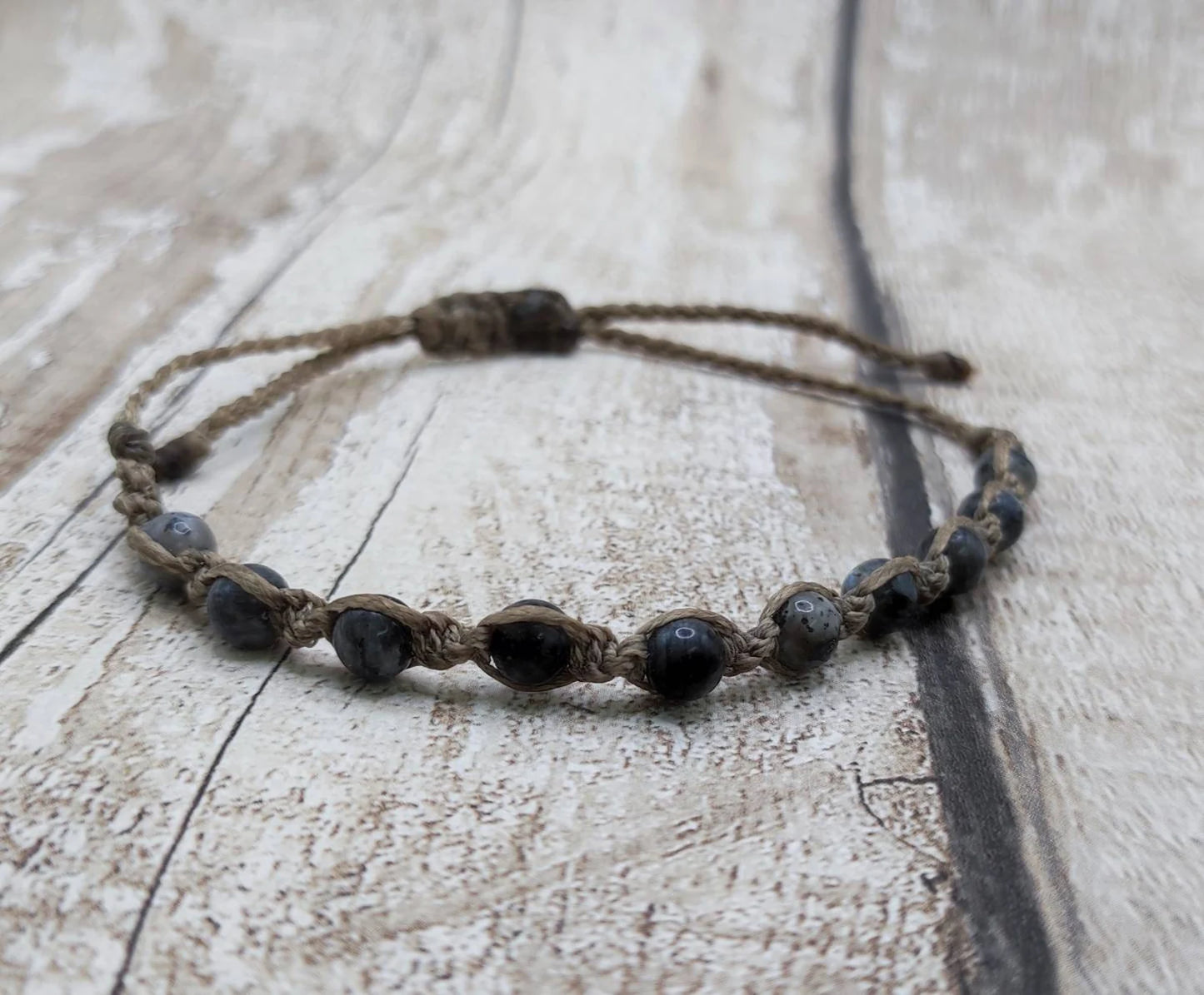 Larvikite beaded macramé bracelet.