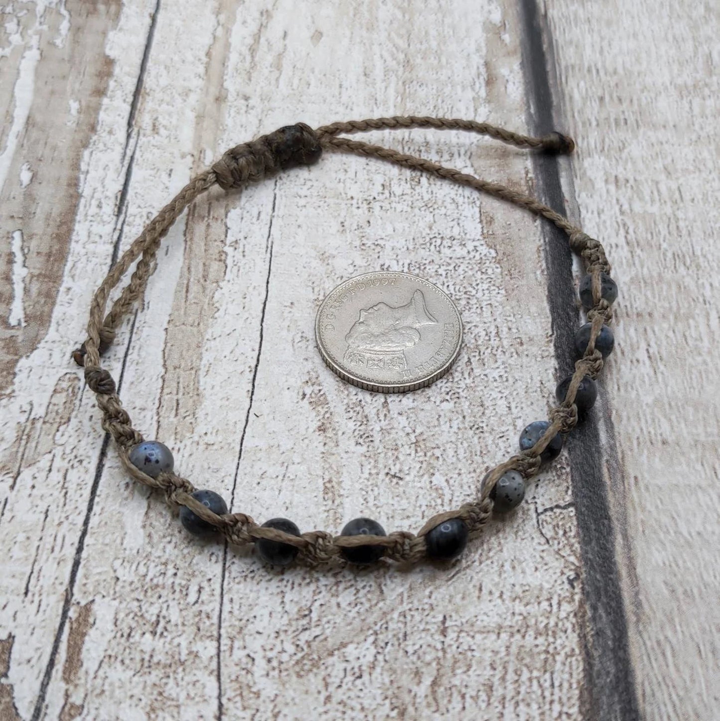 Larvikite beaded macramé bracelet.
