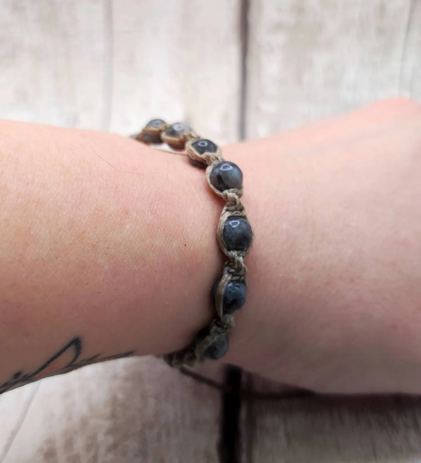 Larvikite beaded macramé bracelet.