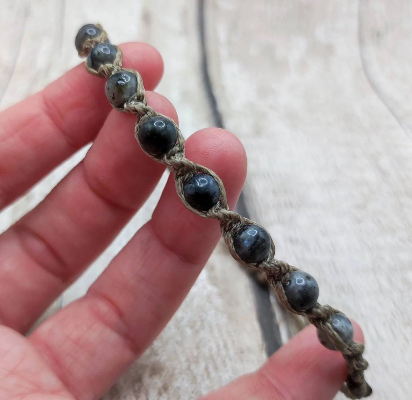 Larvikite beaded macramé bracelet.