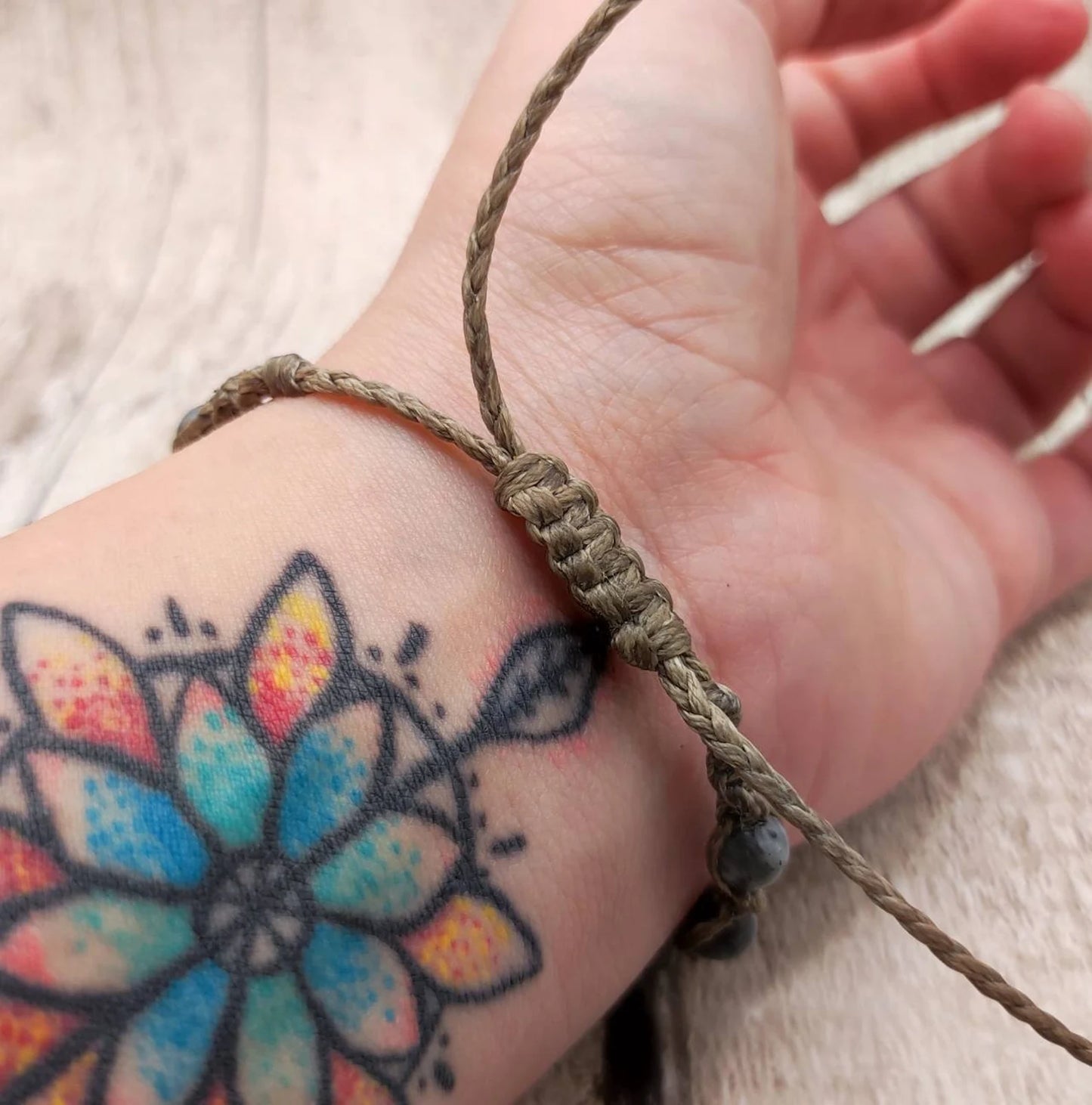 Larvikite beaded macramé bracelet.