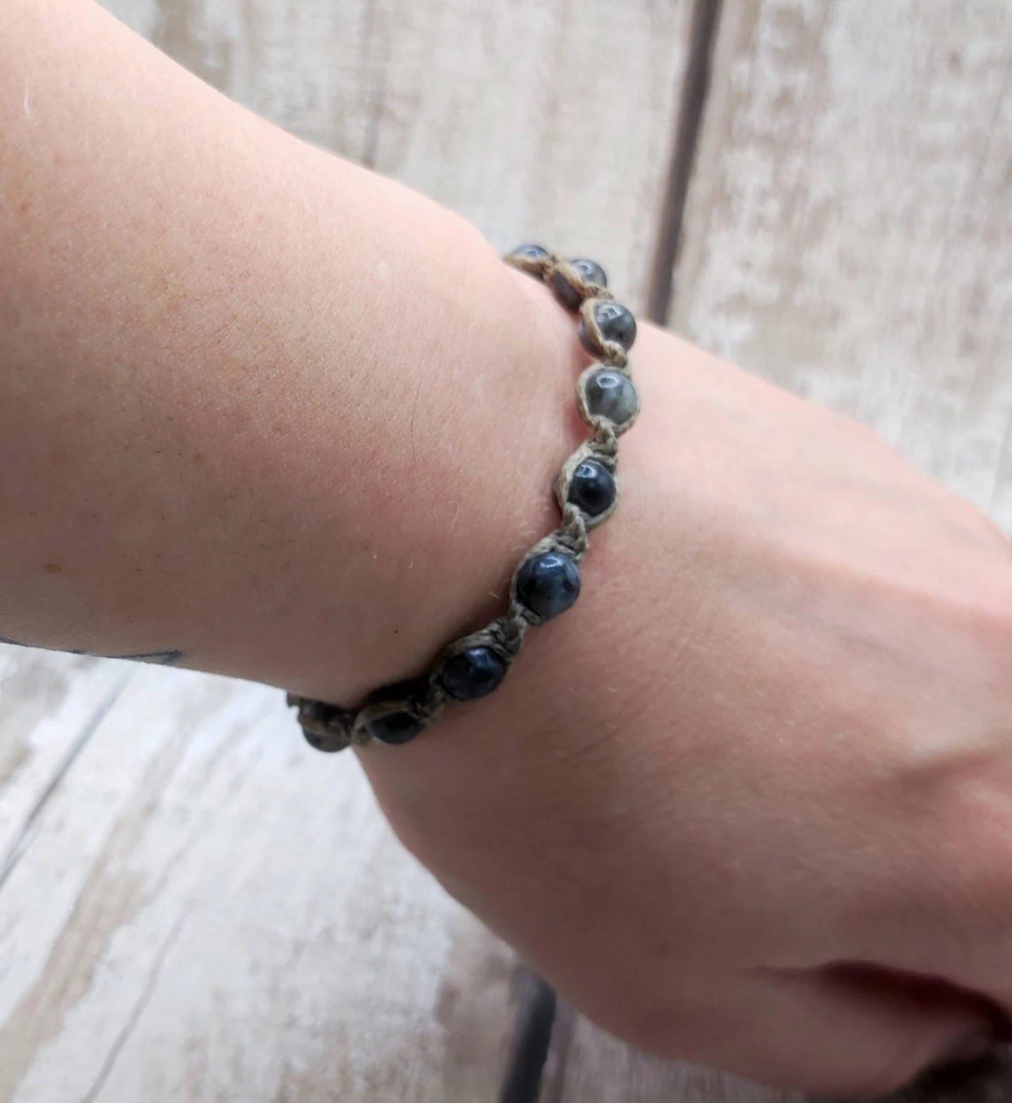 Larvikite beaded macramé bracelet.