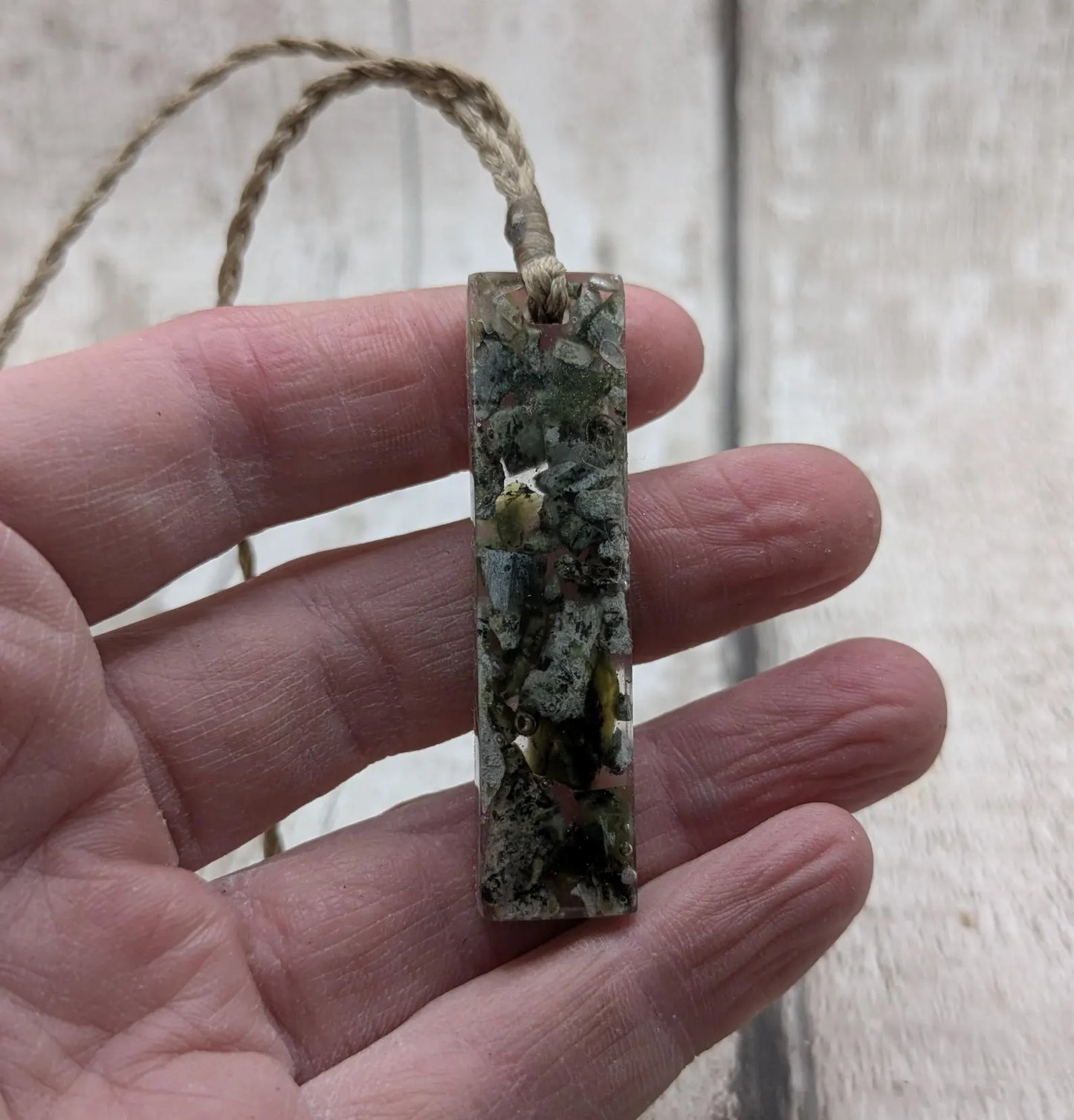 New Zealand mixed Pounamu chips pendant in UV resin.