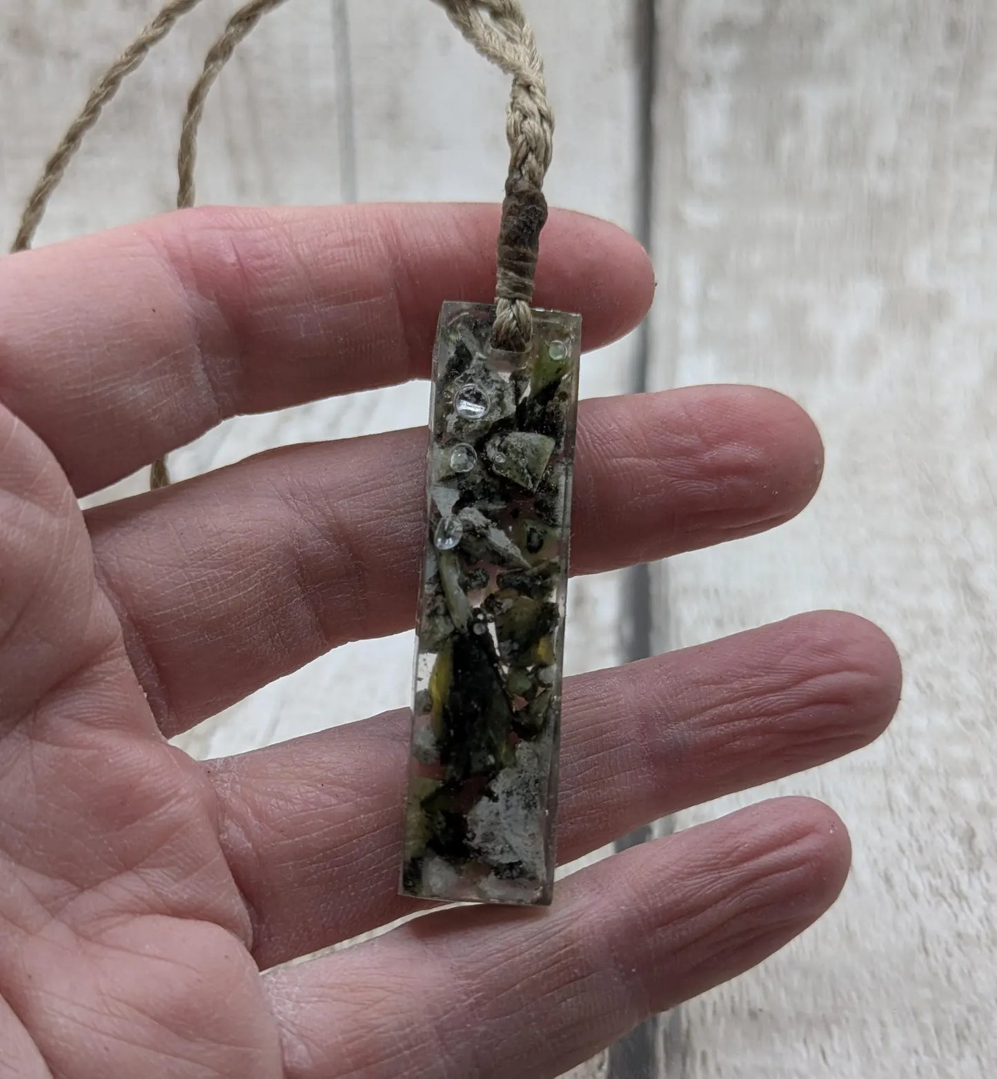 New Zealand mixed Pounamu chips pendant in UV resin.