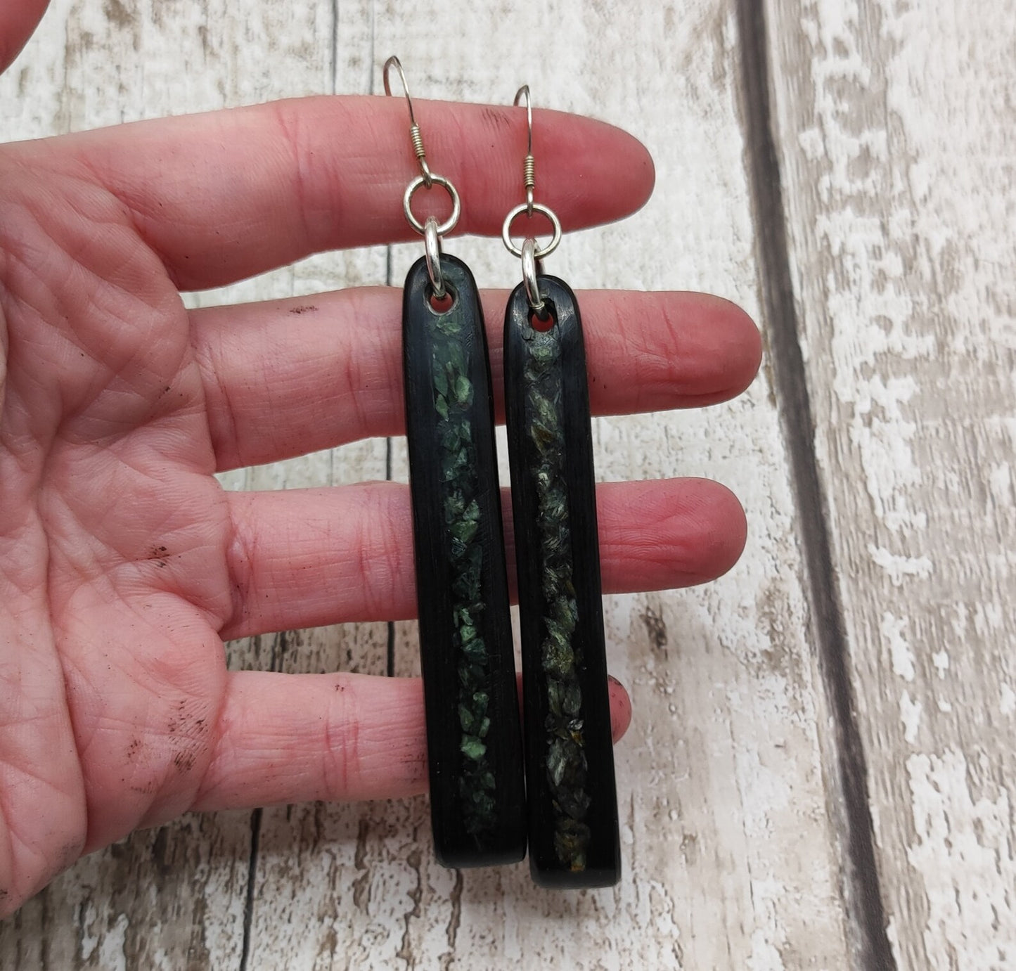 Made to order Fenland bog oak toki earrings with new Zealand pounamu greenstone inlay.