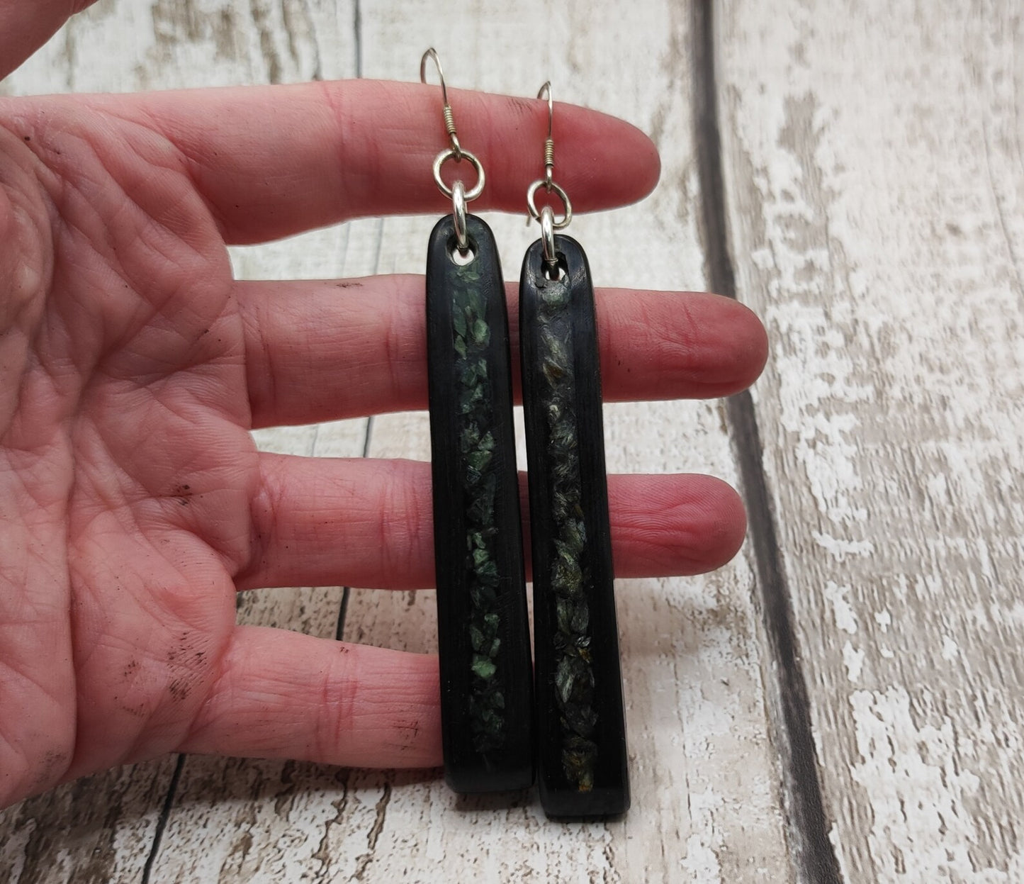 Made to order Fenland bog oak toki earrings with new Zealand pounamu greenstone inlay.