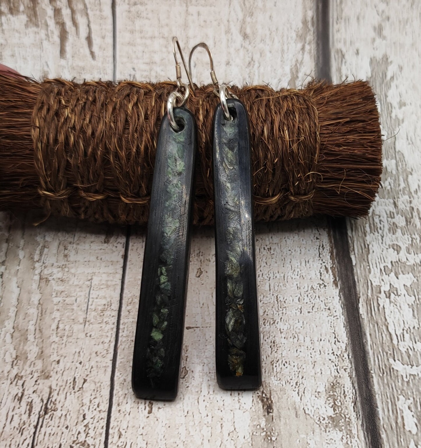 Made to order Fenland bog oak toki earrings with new Zealand pounamu greenstone inlay.