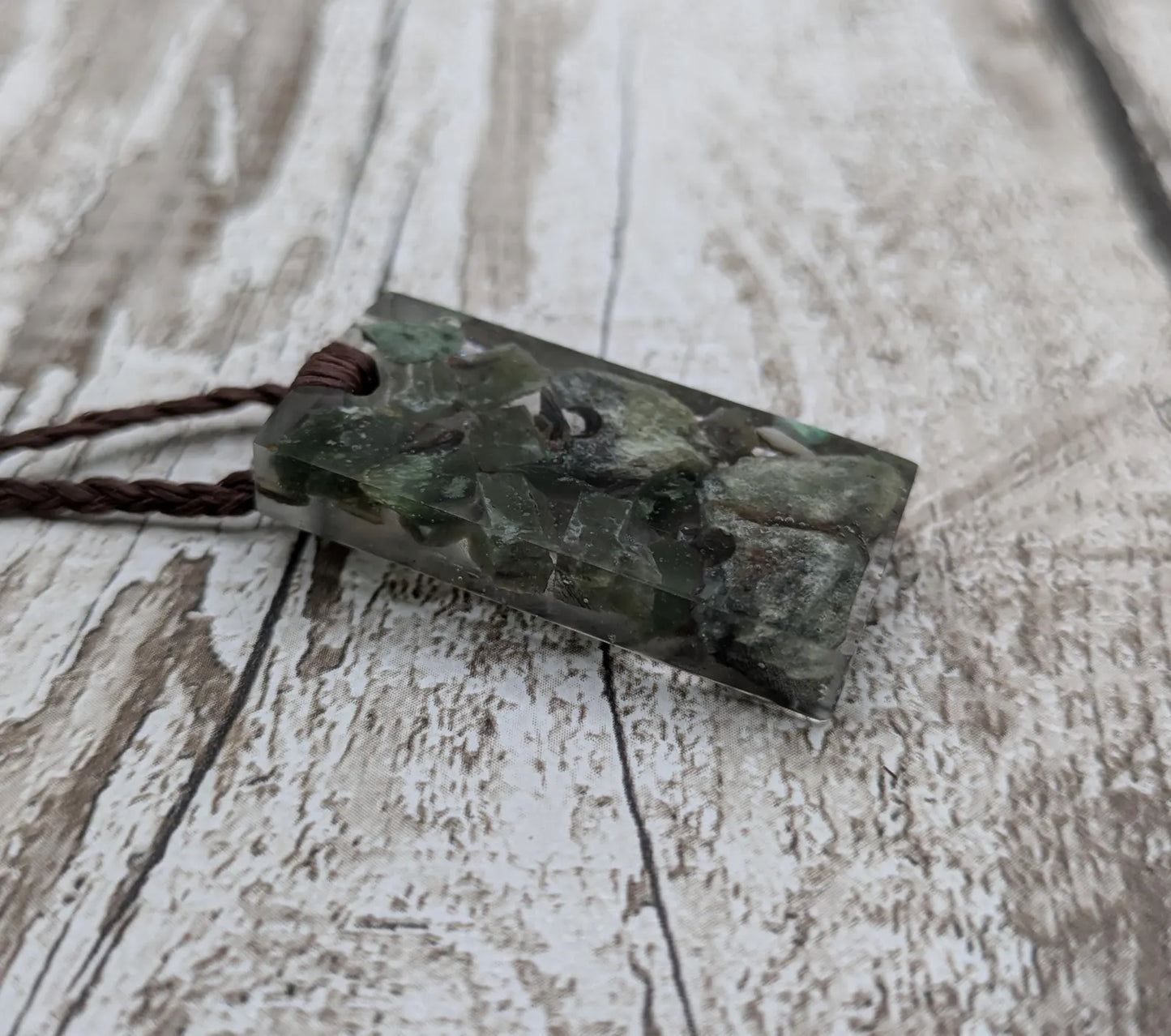 Mixed Pounamu Jade Chip Pendant – New Zealand Greenstone in Resin, Māori Inspired Necklace.