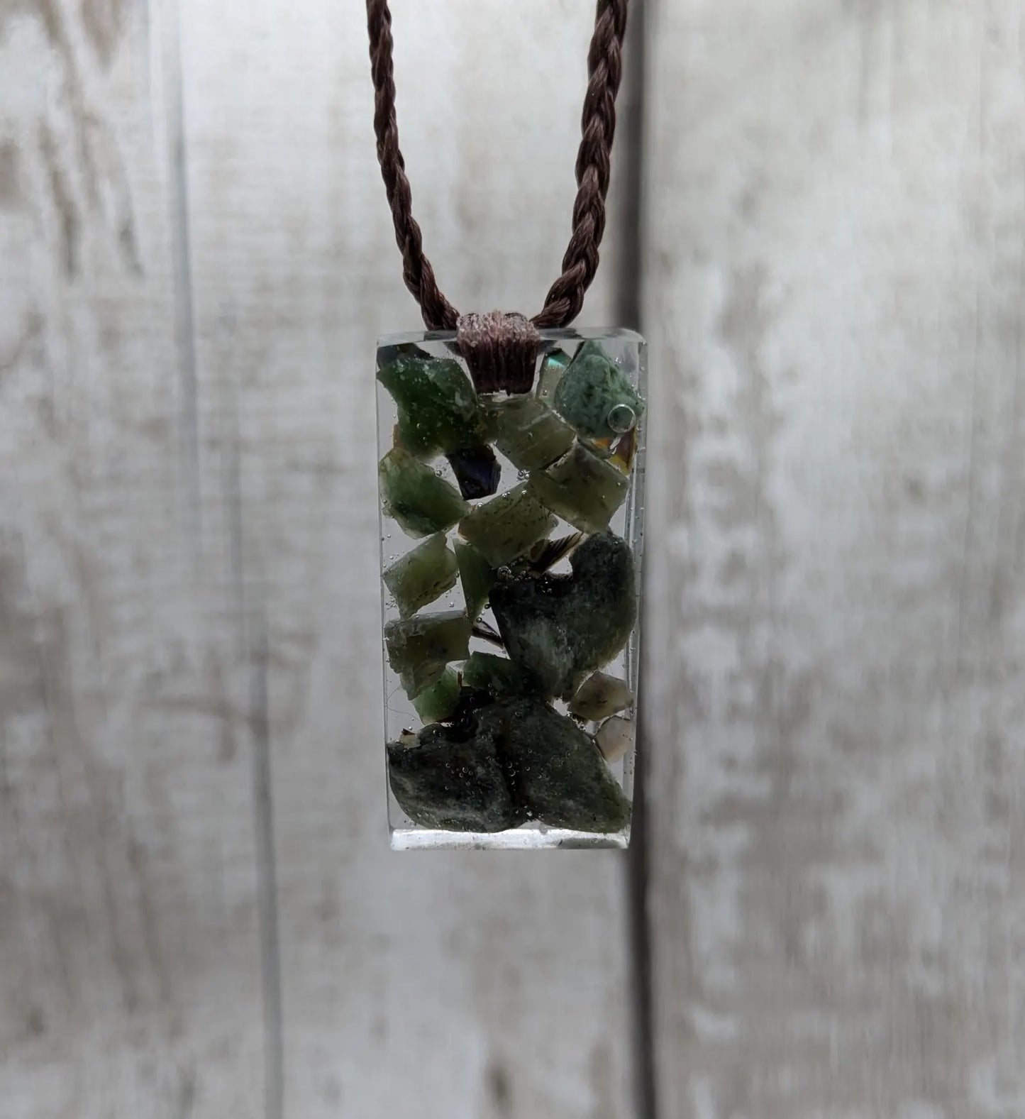 Mixed Pounamu Jade Chip Pendant – New Zealand Greenstone in Resin, Māori Inspired Necklace.