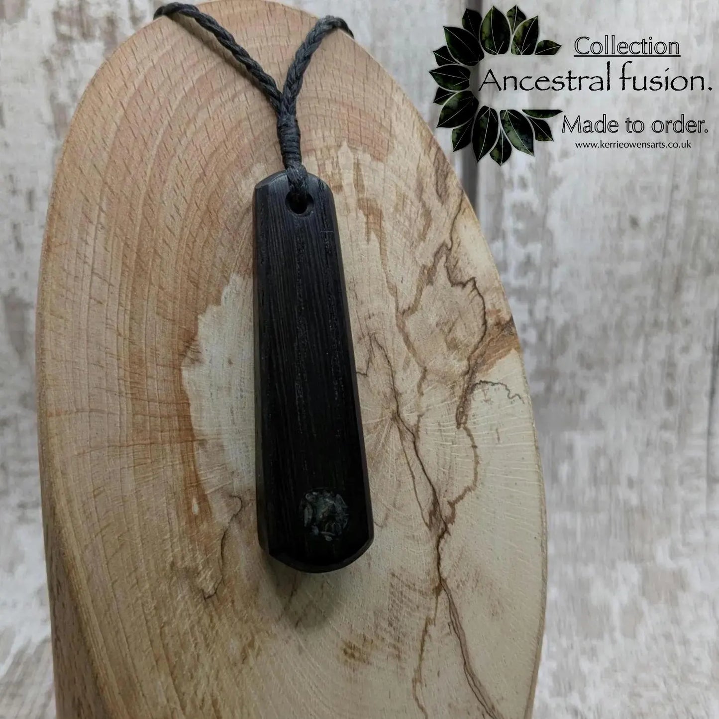 Fenland bog oak with NZ Aotea inlay pendant -Ancient British Wood, Māori Inspired Teardrop Necklace, Nature Jewellery.