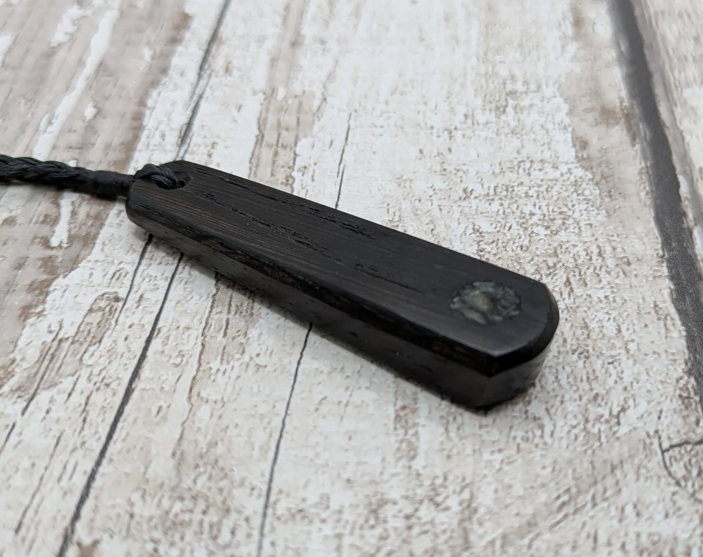 Fenland bog oak with NZ Aotea inlay pendant -Ancient British Wood, Māori Inspired Teardrop Necklace, Nature Jewellery.
