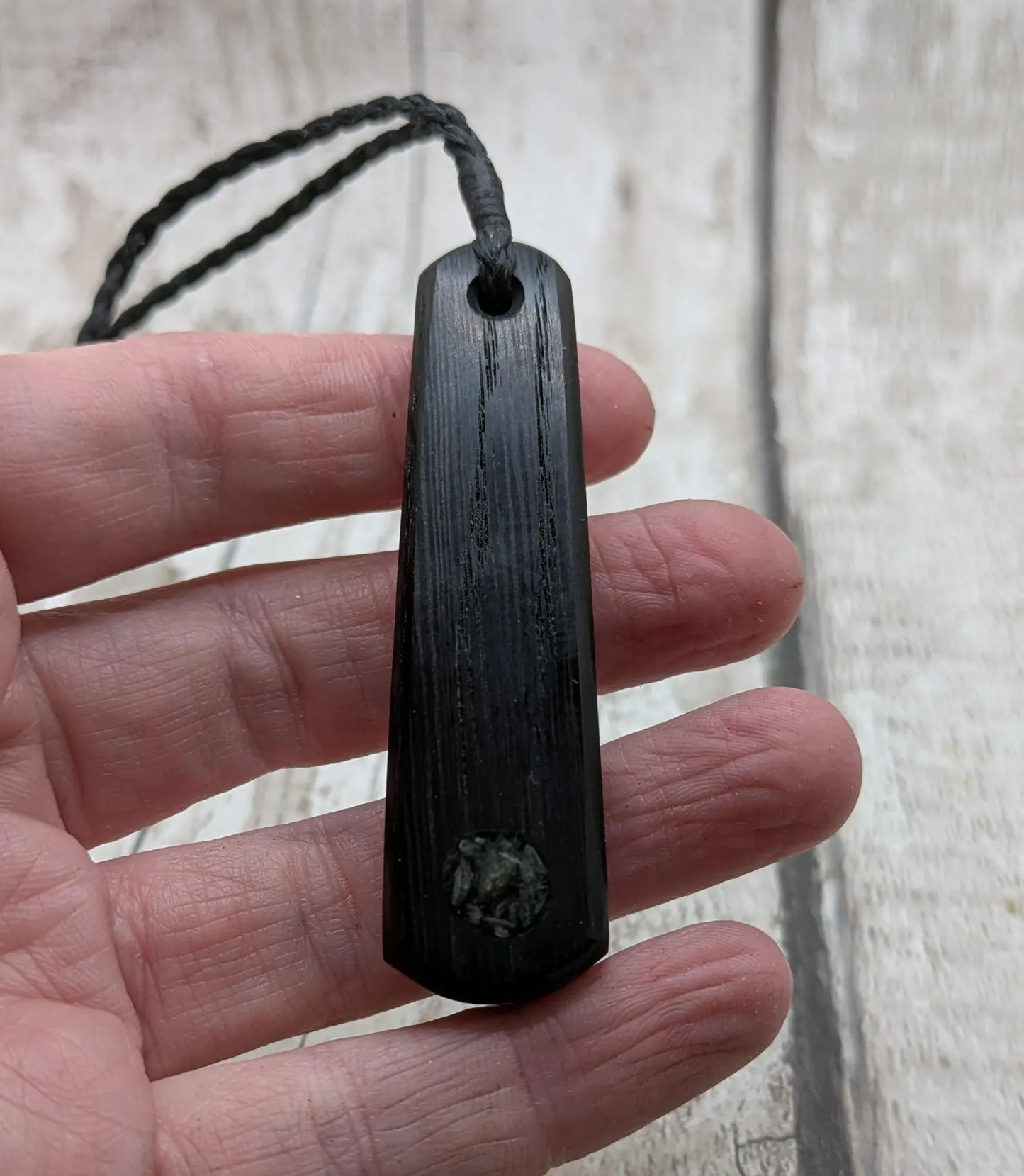 Fenland bog oak with NZ Aotea inlay pendant -Ancient British Wood, Māori Inspired Teardrop Necklace, Nature Jewellery.