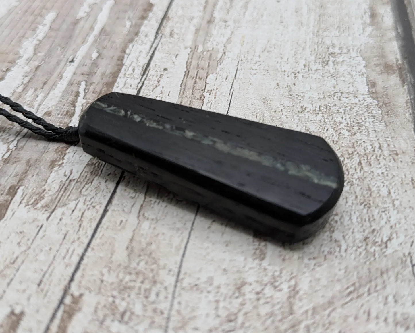 Ancient Bog Oak Roimata Pendant with NZ Aotea Stone Inlay - Healing necklace, spiritual pendant, fenland wood jewellery.