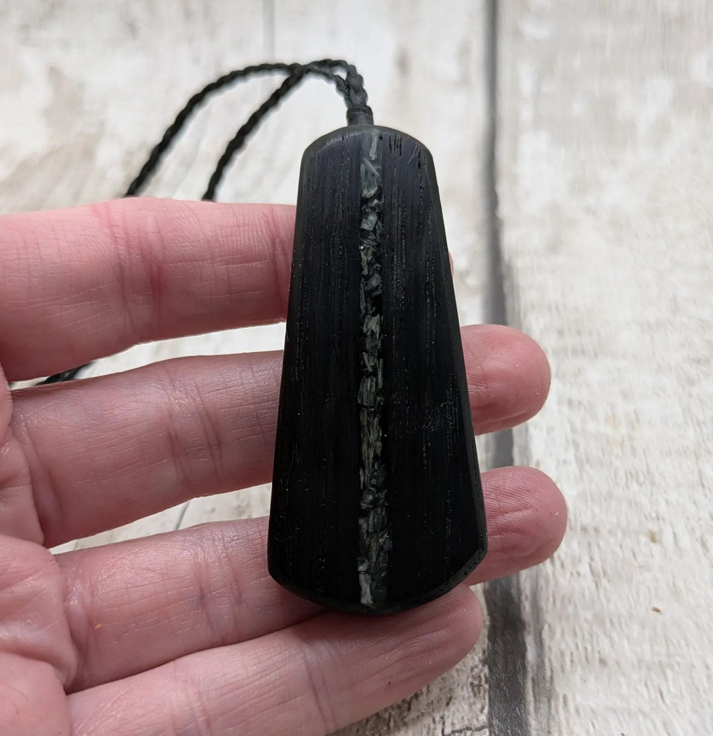Ancient Bog Oak Roimata Pendant with NZ Aotea Stone Inlay - Healing necklace, spiritual pendant, fenland wood jewellery.