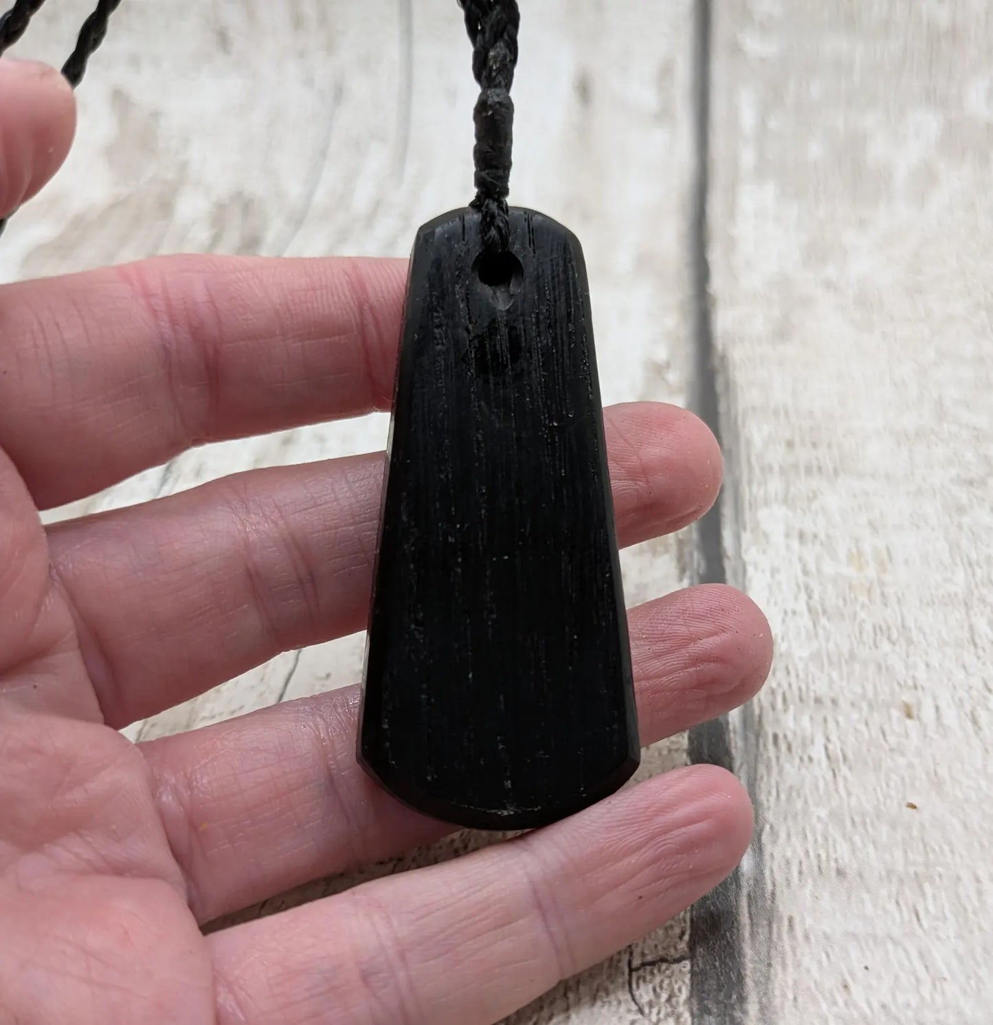 Ancient Bog Oak Roimata Pendant with NZ Aotea Stone Inlay - Healing necklace, spiritual pendant, fenland wood jewellery.