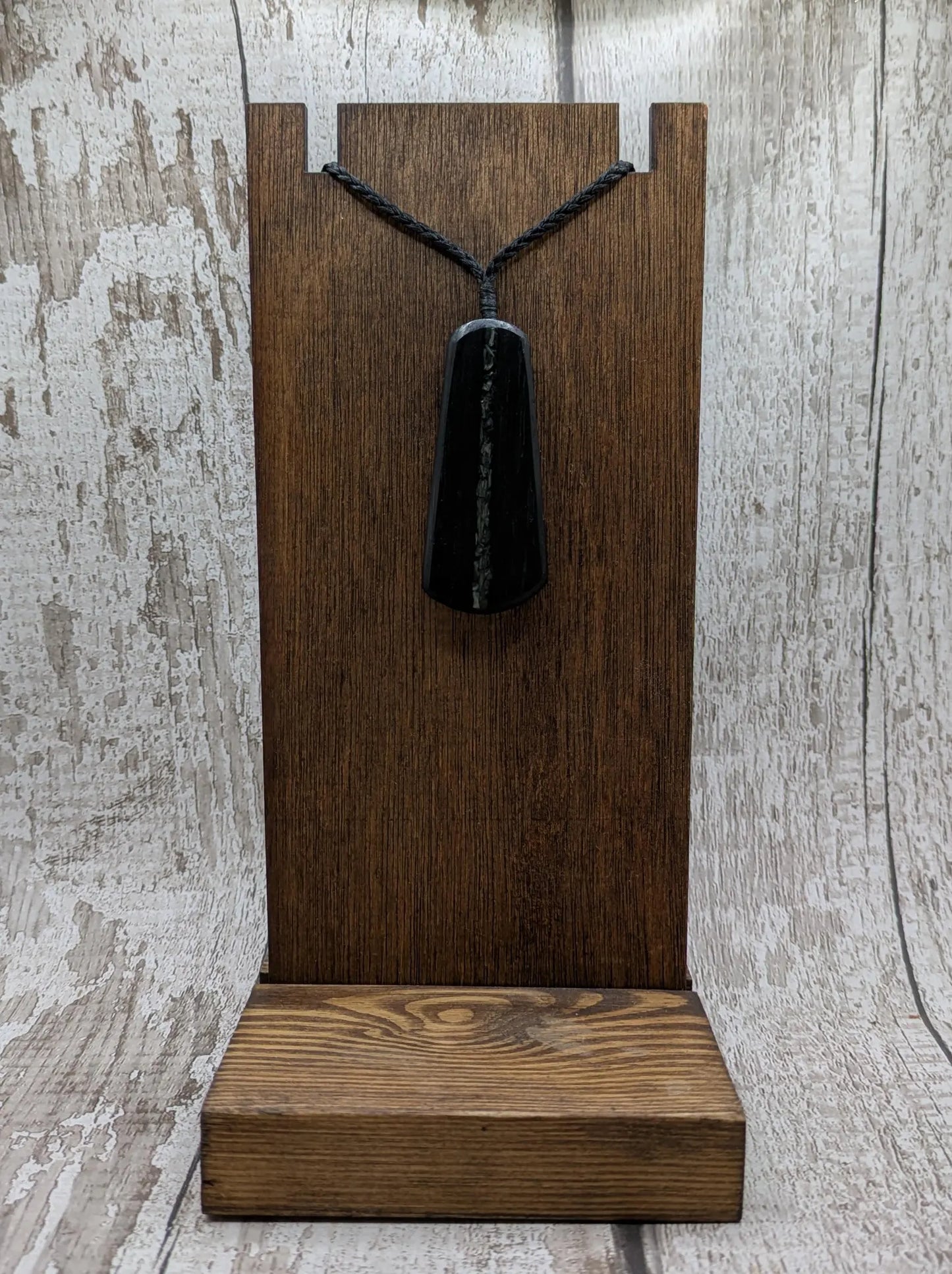 Ancient Bog Oak Roimata Pendant with NZ Aotea Stone Inlay - Healing necklace, spiritual pendant, fenland wood jewellery.