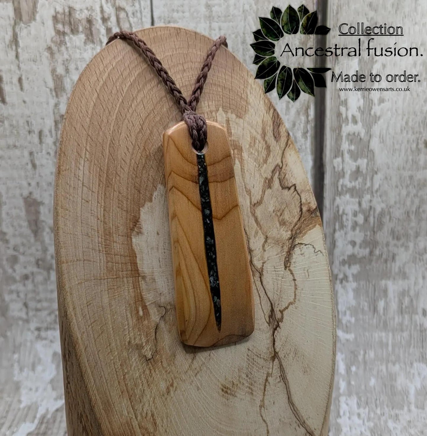 Made to order yew wood hei Toki adze pendant with mixed pounamu inlay - Handcrafted British jewellery, Māori inspired, nature talisman.