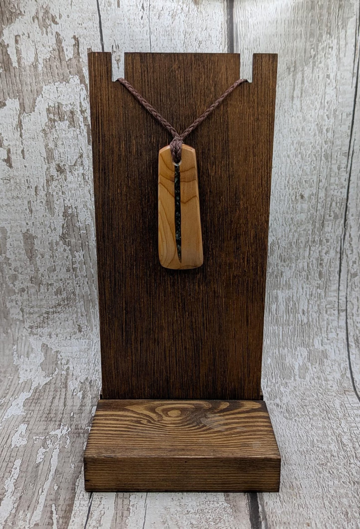 Made to order yew wood hei Toki adze pendant with mixed pounamu inlay - Handcrafted British jewellery, Māori inspired, nature talisman.