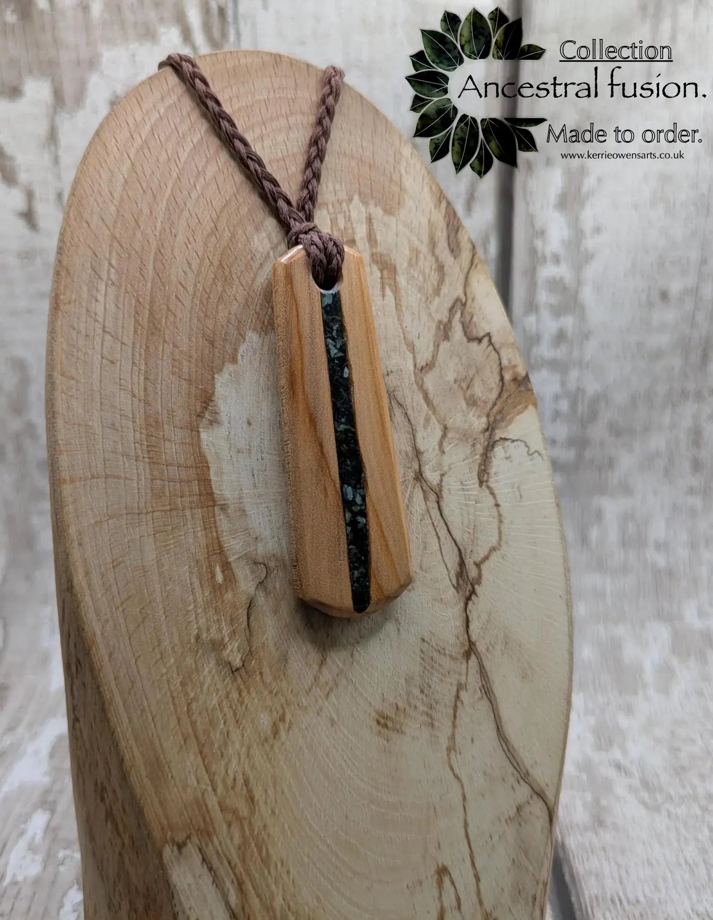 Made to order Yew wood toki style pendant with mixed pounamu greenstone inlay - Handcrafted British jewellery, Māori inspired nature talisman.