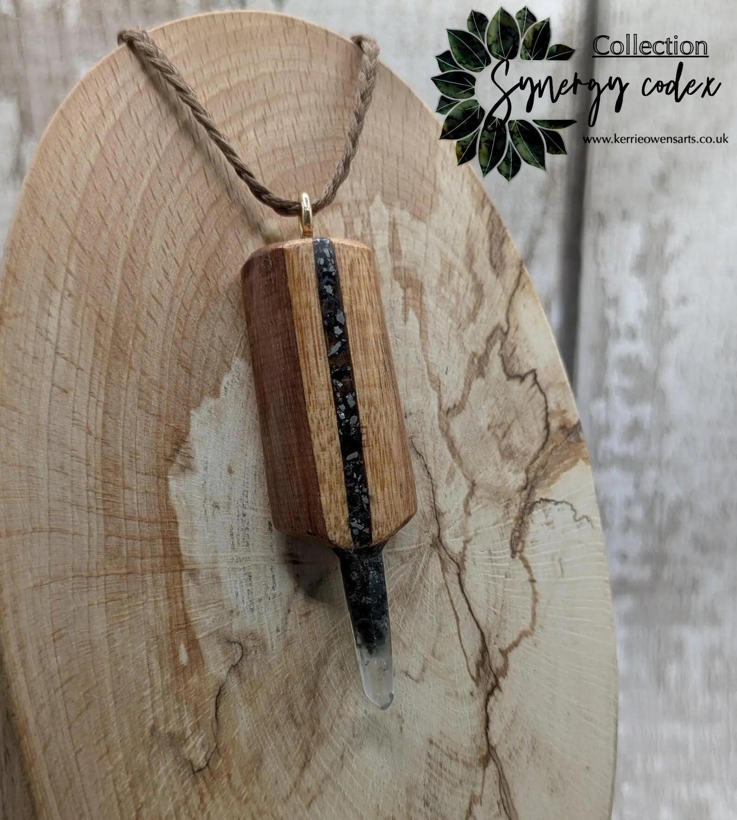 Swamp Kauri Ancestor Key Pendant – Dual Inlay Codex Wand with Black Tourmaline, Garnet, Fossil Specimen, Quartz Point, Ancestral Connection.