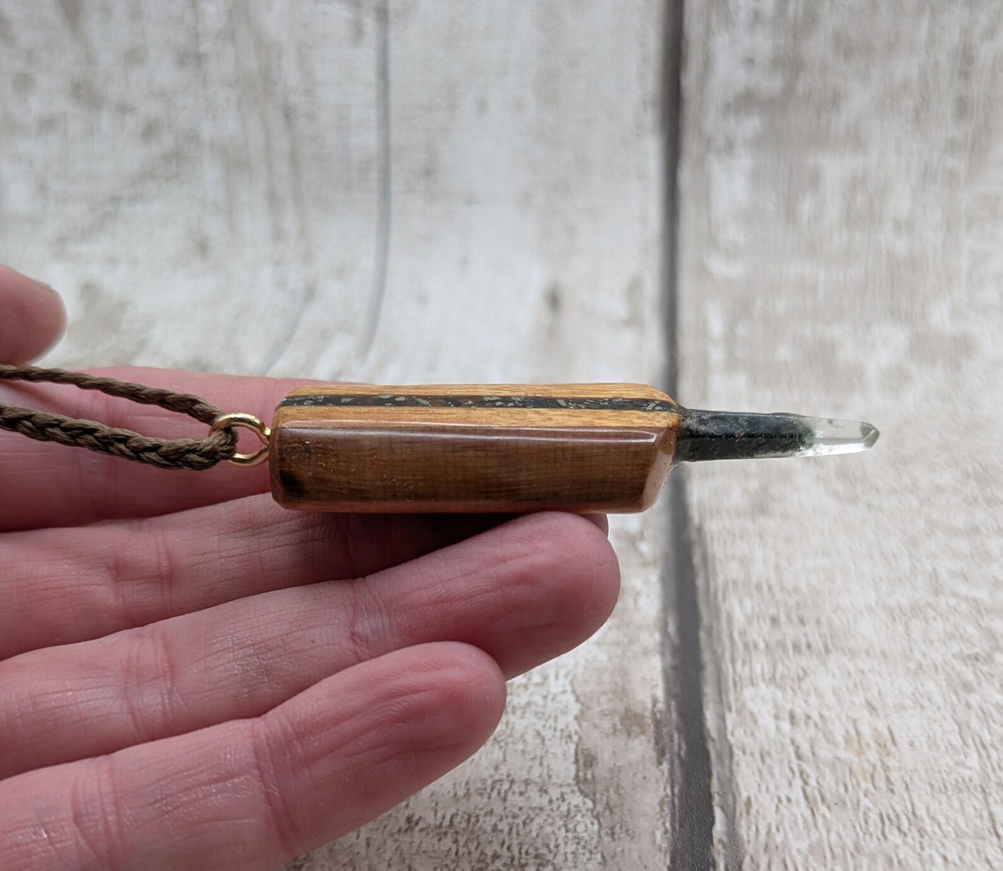 Swamp Kauri Ancestor Key Pendant – Dual Inlay Codex Wand with Black Tourmaline, Garnet, Fossil Specimen, Quartz Point, Ancestral Connection.