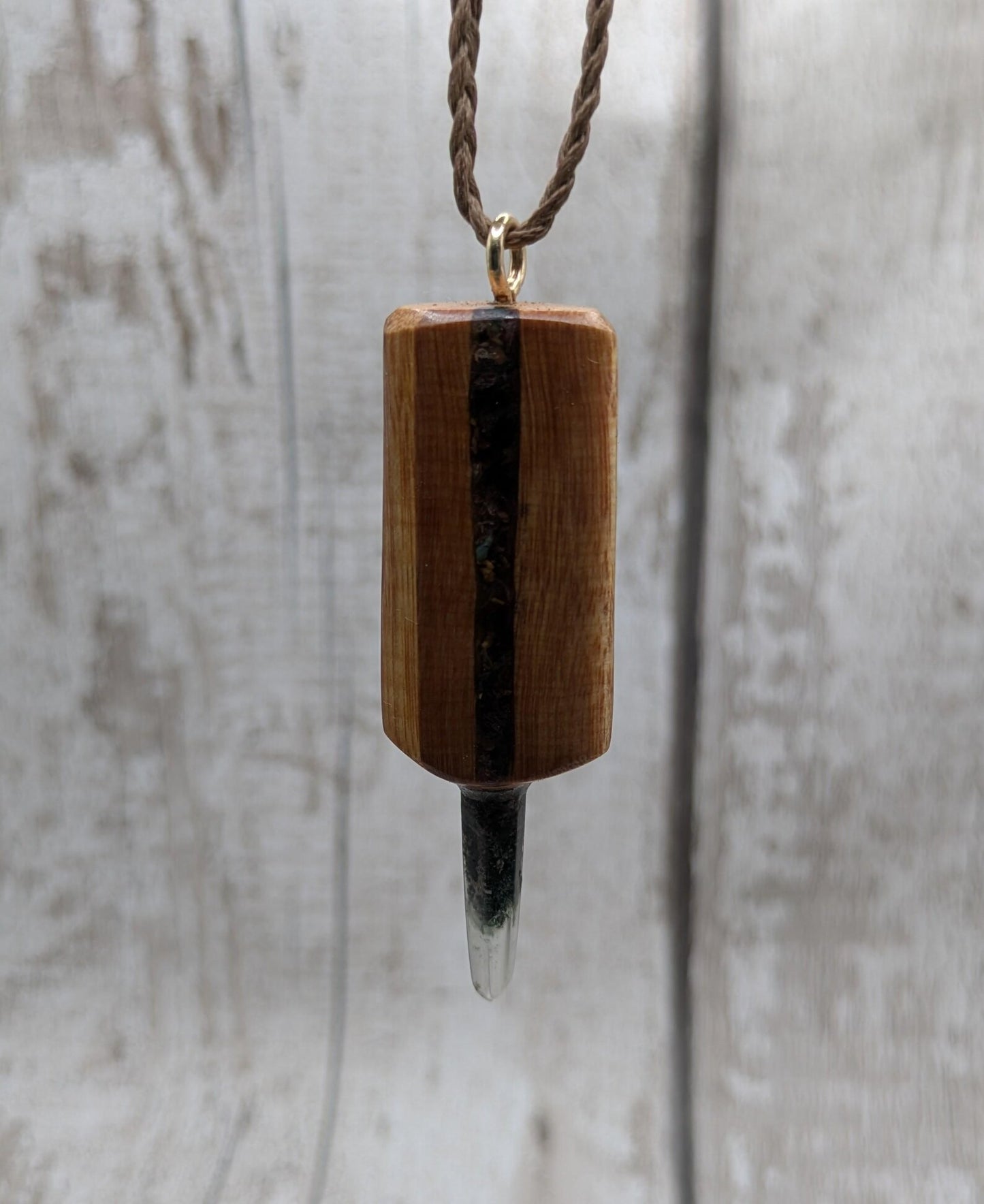 Swamp Kauri Ancestor Key Pendant – Dual Inlay Codex Wand with Black Tourmaline, Garnet, Fossil Specimen, Quartz Point, Ancestral Connection.